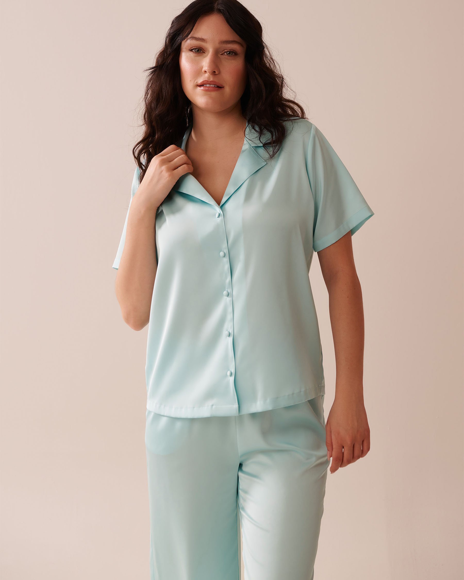 LA VIE EN ROSE Satin Short Sleeve Button-down Shirt Turquoise 60100135 - View1
