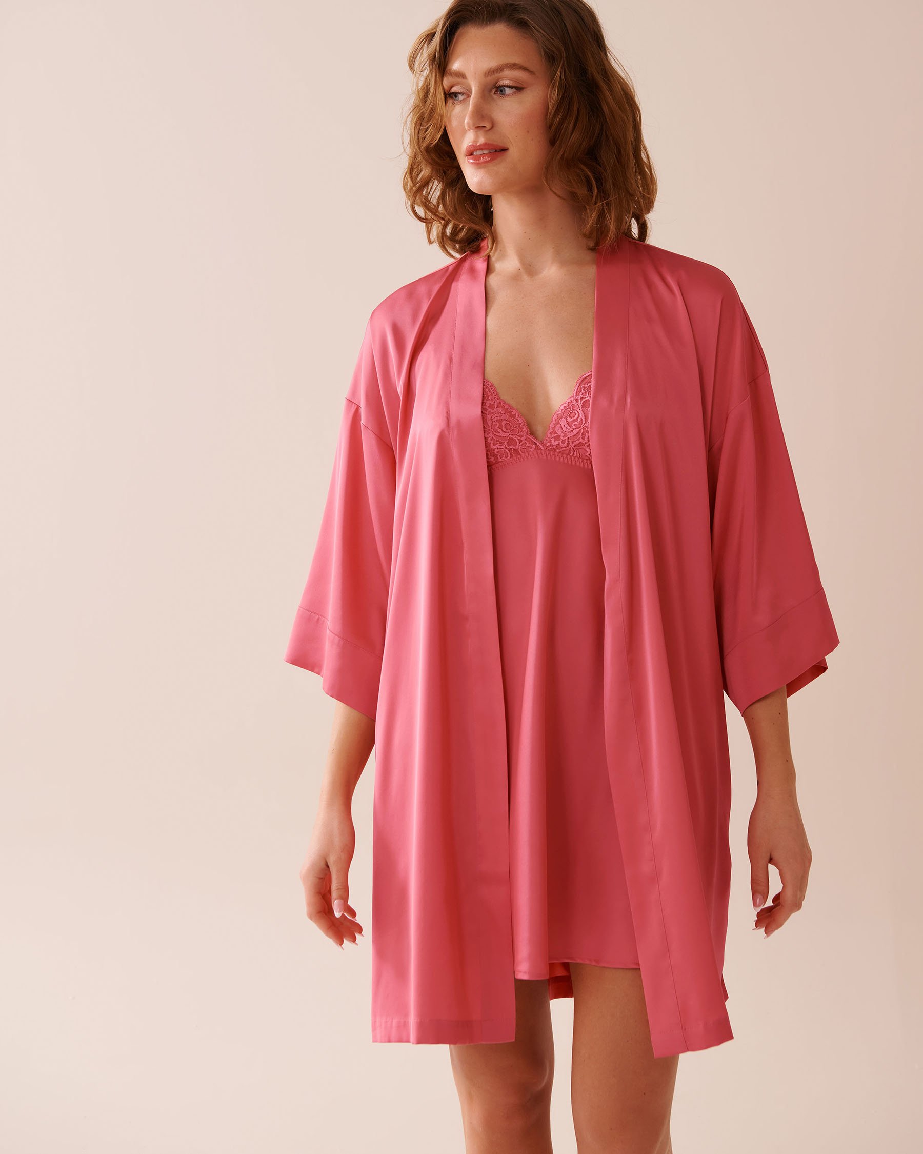 LA VIE EN ROSE Satin Kimono Watermelon Pink 60600094 - View6
