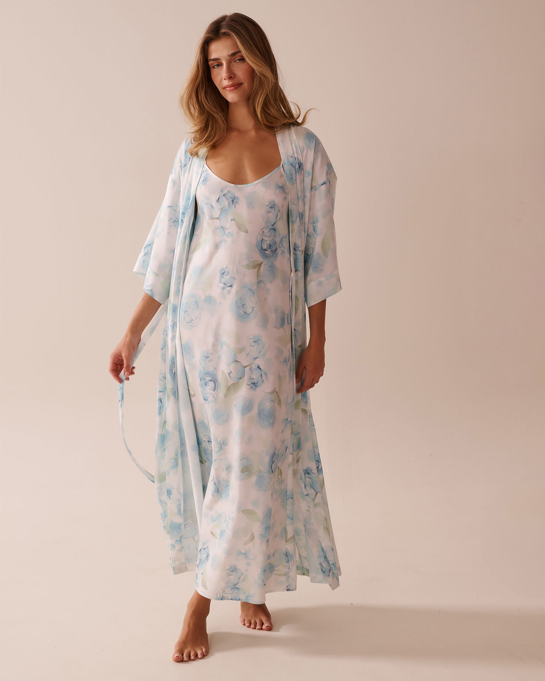 LA VIE EN ROSE Blue Rose Print Long Satin Kimono Blue Rose 60600093 - View4