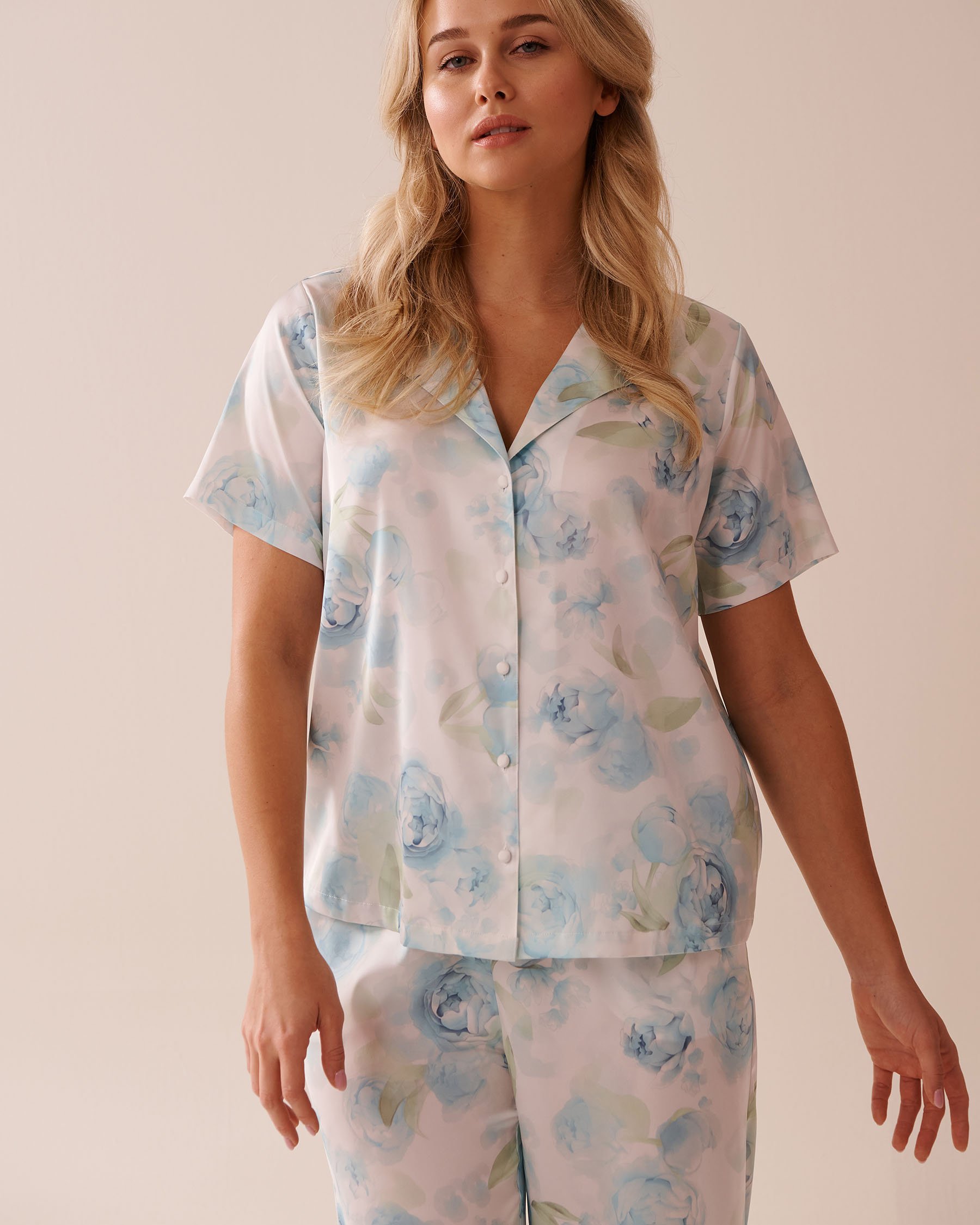 LA VIE EN ROSE Blue Rose Print Satin Button-down Shirt Blue Rose 60100134 - View1