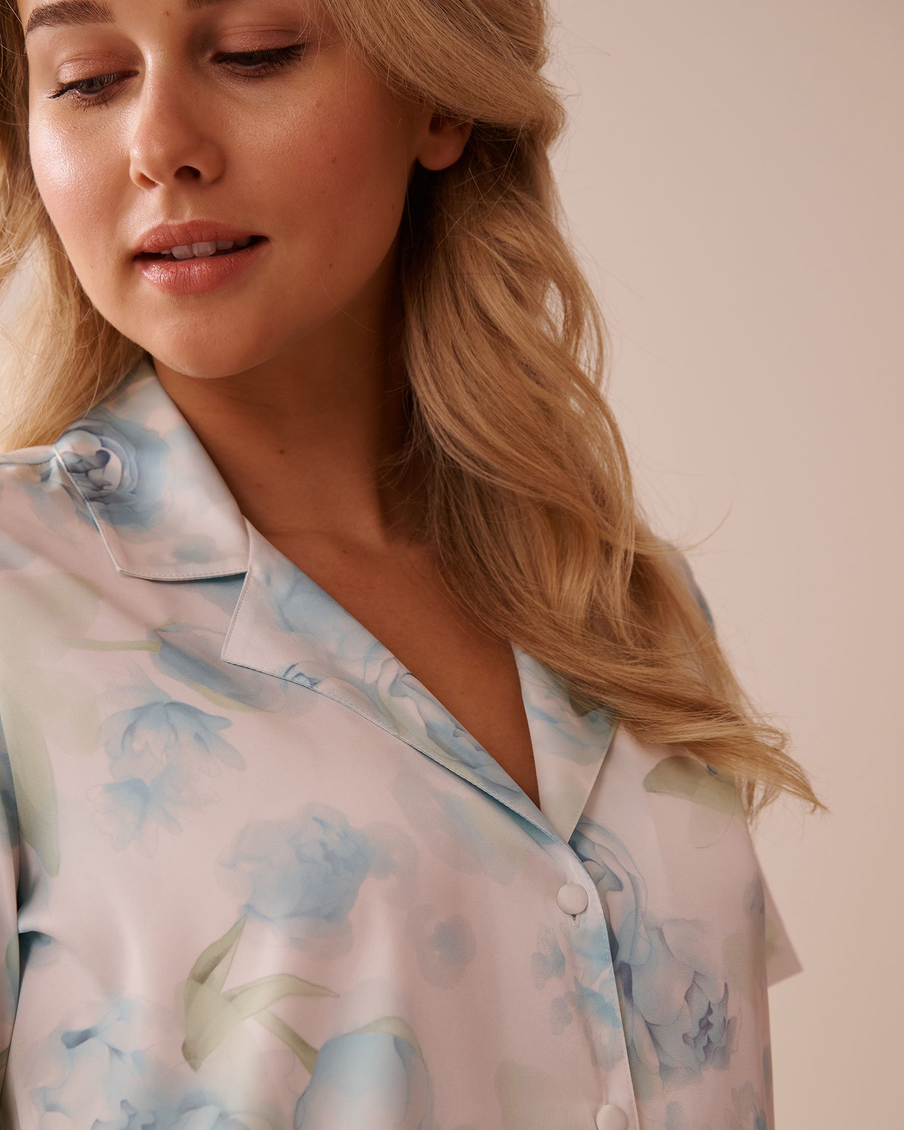 LA VIE EN ROSE Blue Rose Print Satin Button-down Shirt Blue Rose 60100134 - View3