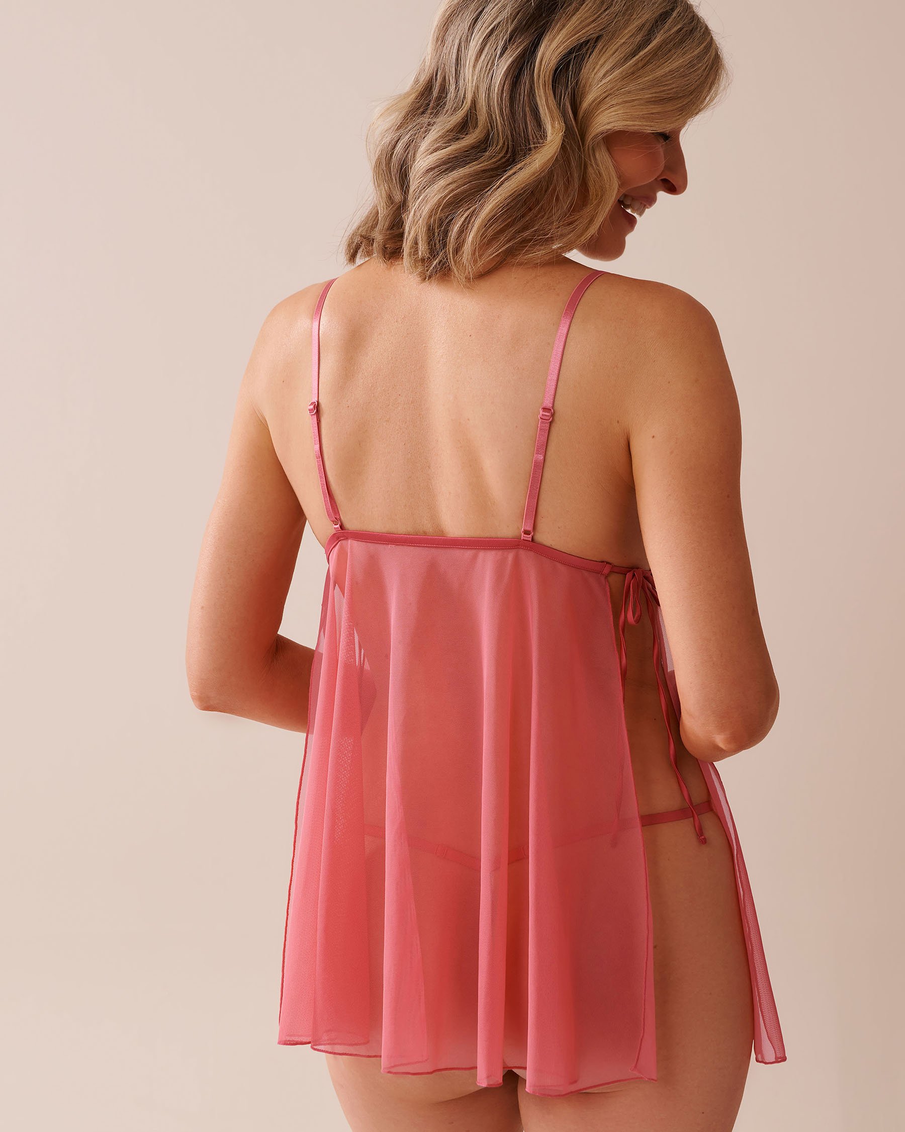 LA VIE EN ROSE Lace and Mesh Side-Tie Babydoll Watermelon Pink 60500187 - View2