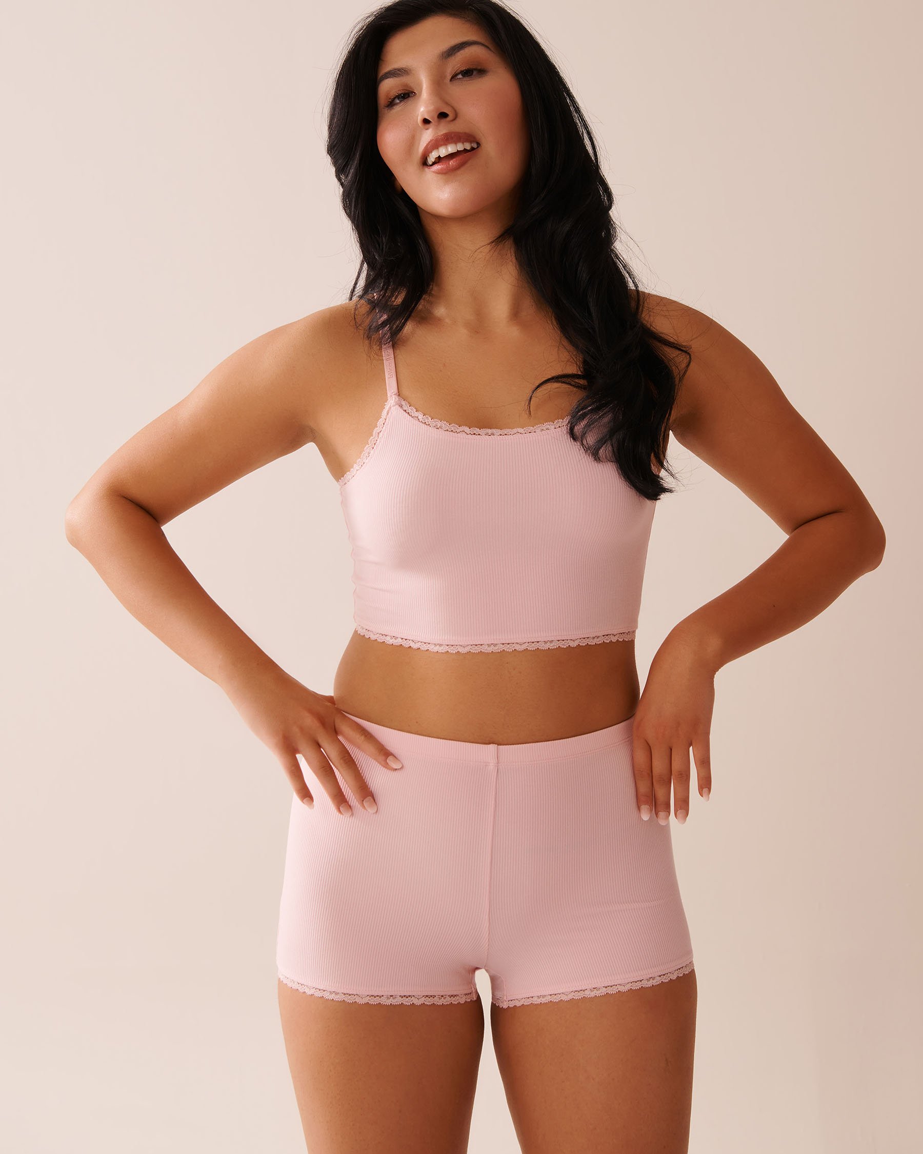 LA VIE EN ROSE Ribbed Modal and Lace Trim Crop Cami Peony Pink 60100137 - View2