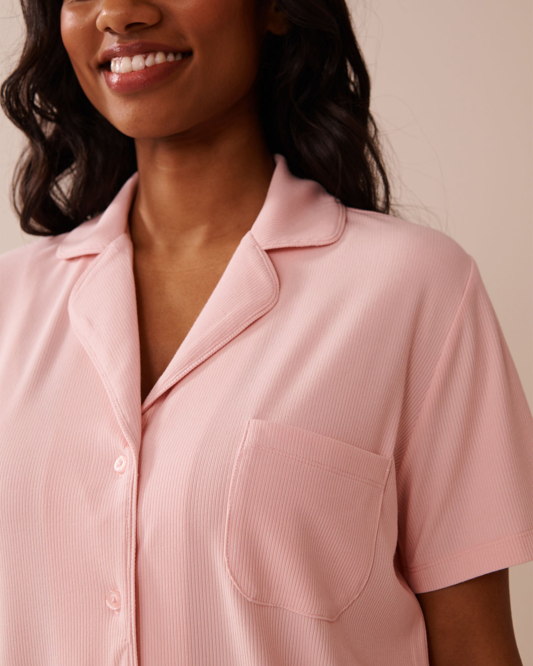 LA VIE EN ROSE Ribbed Modal Button-down Shirt Peony Pink 60100132 - View6