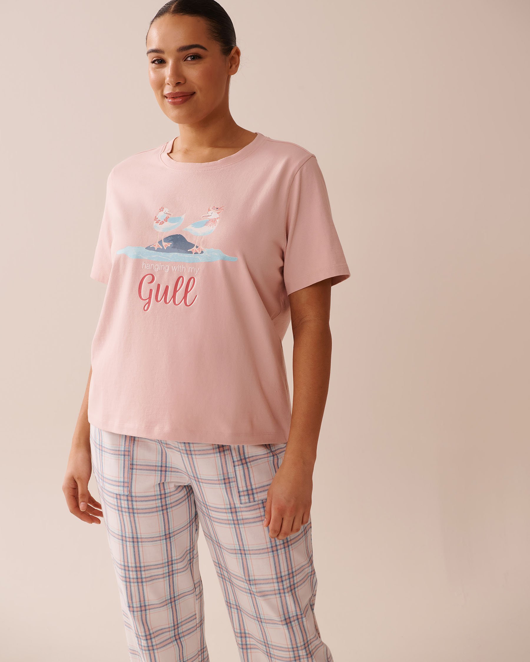 LA VIE EN ROSE T-shirt col rond en coton imprimé goéland Rose pivoine 40100726 - Voir1