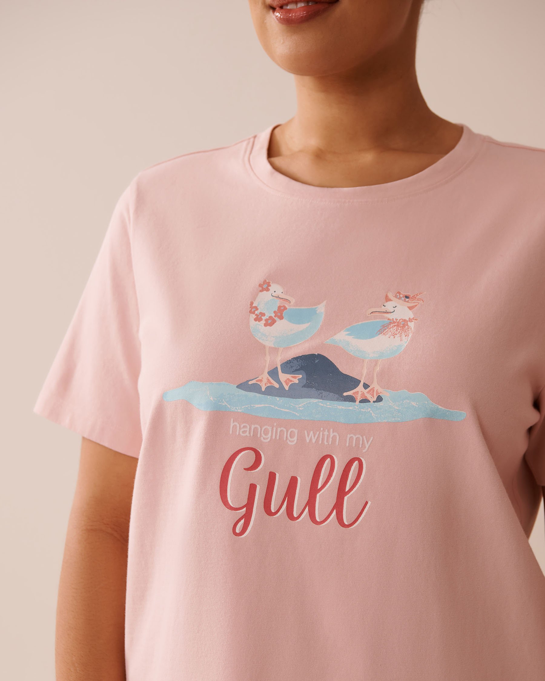 LA VIE EN ROSE T-shirt col rond en coton imprimé goéland Rose pivoine 40100726 - Voir3