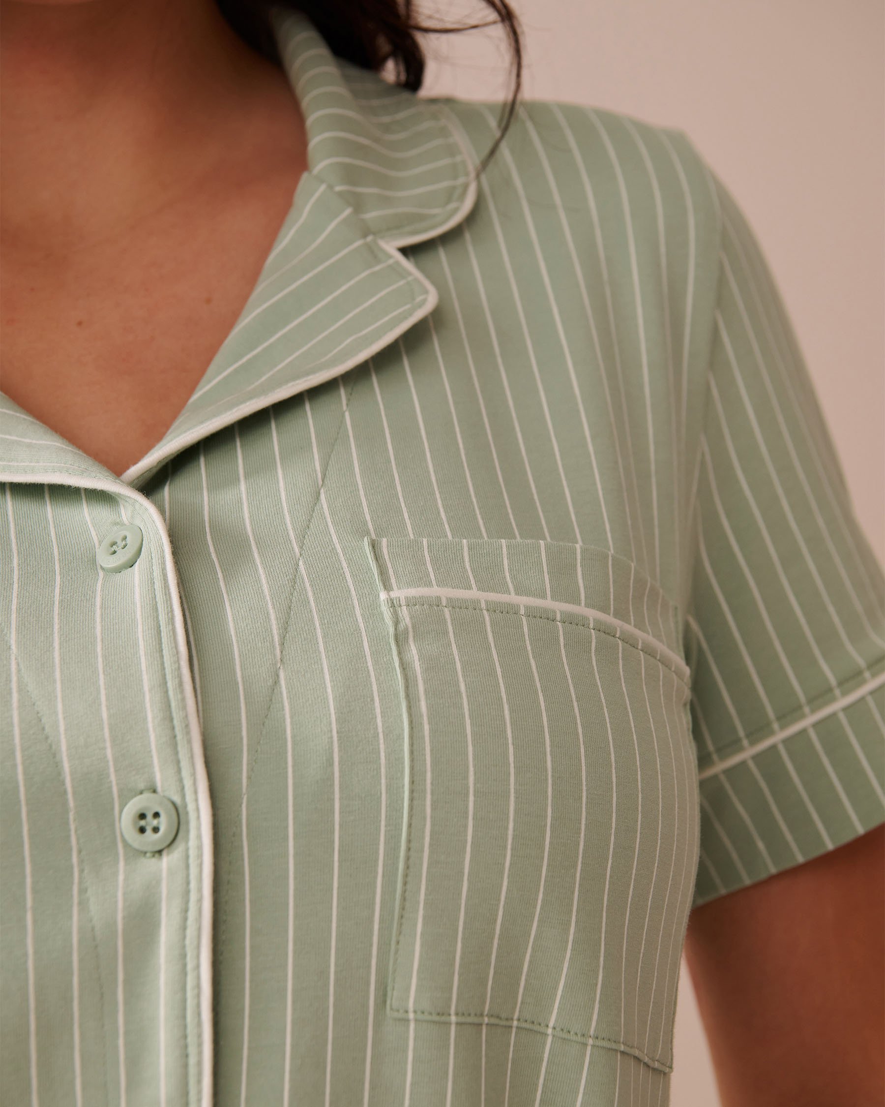 LA VIE EN ROSE Cotton Short Sleeve Button-down Shirt Frosty Green Stripes 40100728 - View3