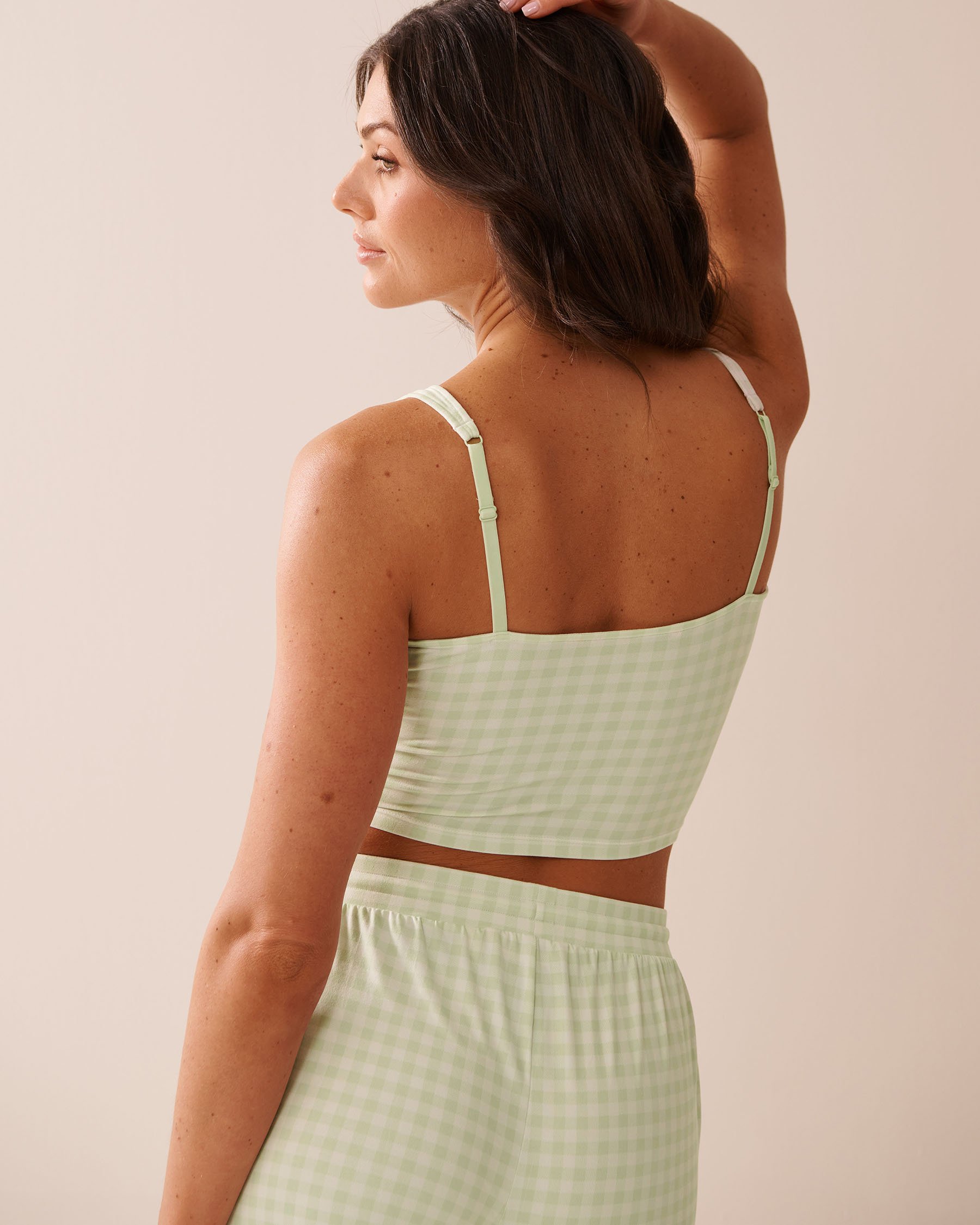 LA VIE EN ROSE Gingham Print Super Soft Crop Cami Green Gingham 40100737 - View2