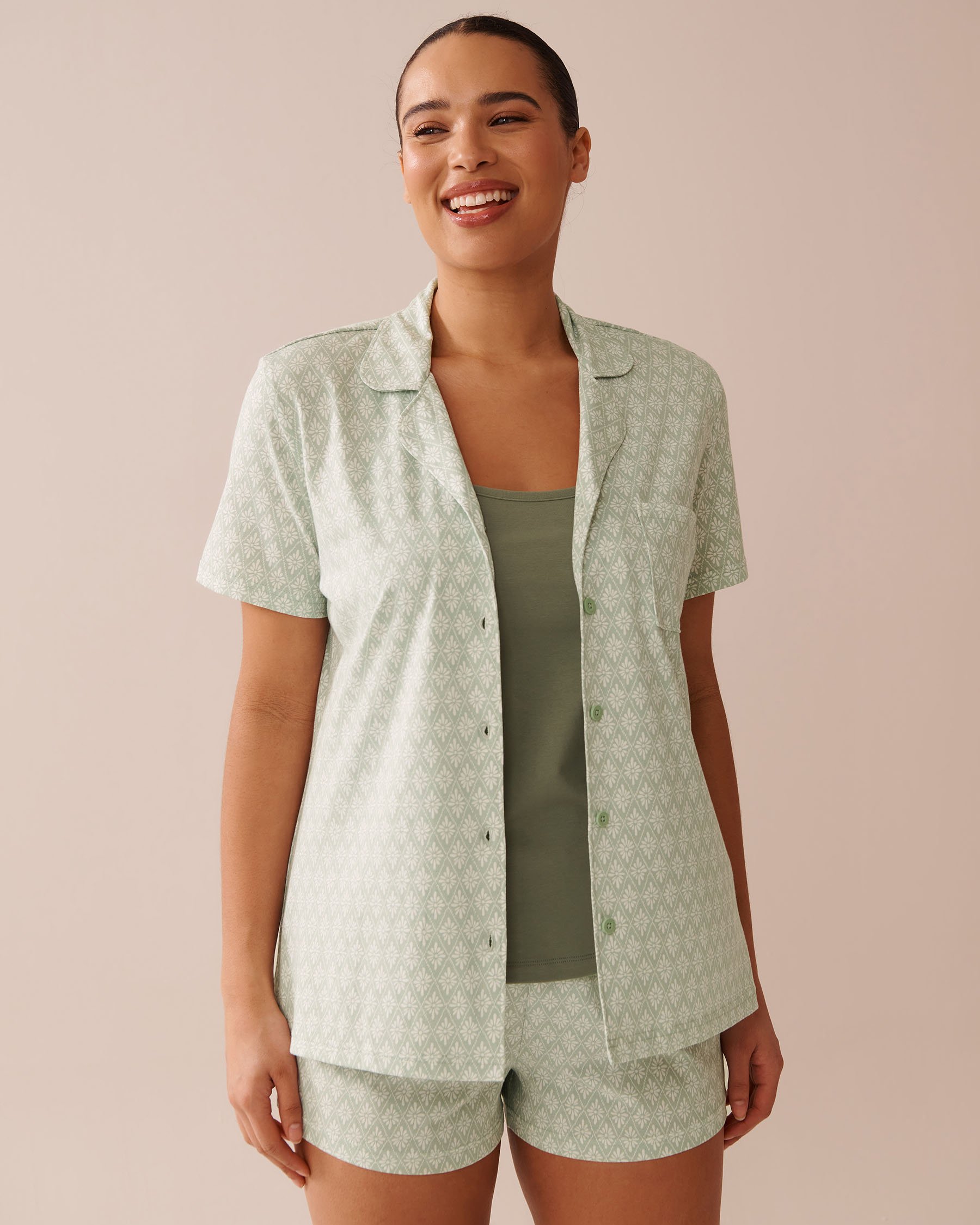 LA VIE EN ROSE Geometric Print Shirt PJ Set Green/Geometric 40400081 - View1