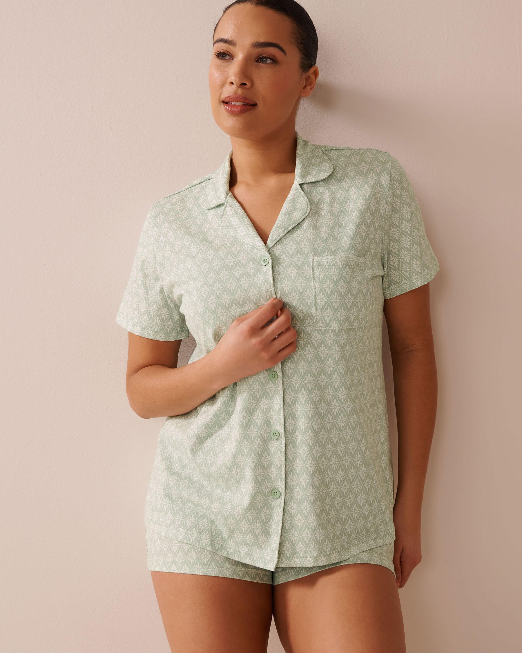 LA VIE EN ROSE Geometric Print Shirt PJ Set Green/Geometric 40400081 - View2