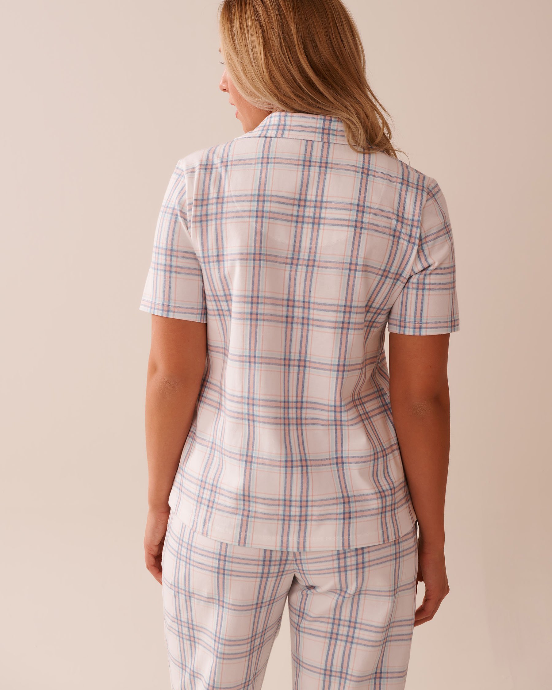 LA VIE EN ROSE Peach Plaid Cotton Button-down Shirt Peach & Blue Stripe 40100725 - View2