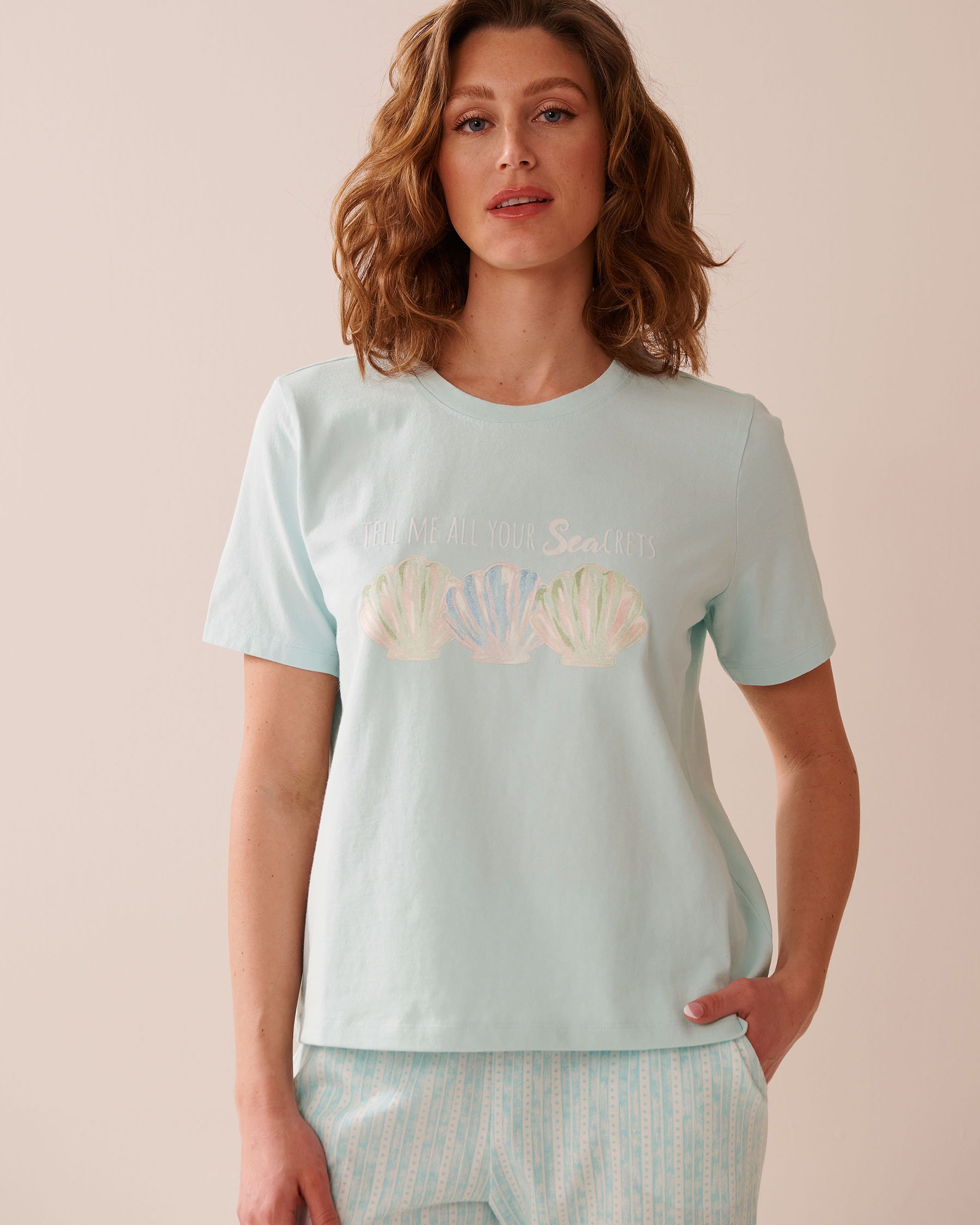 LA VIE EN ROSE Seashell Print Crew Neck Cotton T-shirt Turquoise 40100726 - View5