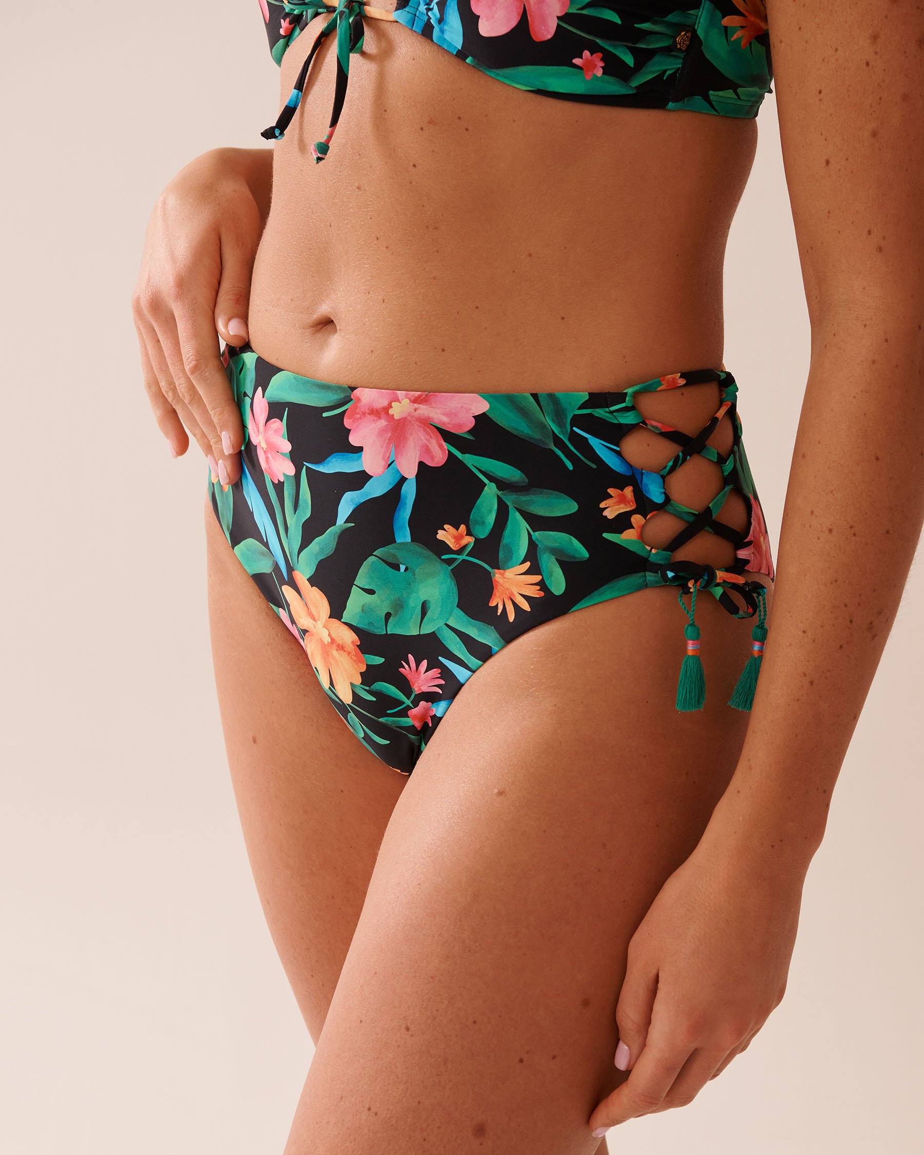 LA VIE EN ROSE AQUA MIDNIGHT TROPICS Lace Up High Waist Cheeky Bikini Bottom Midnight Tropics 70300713 - View1