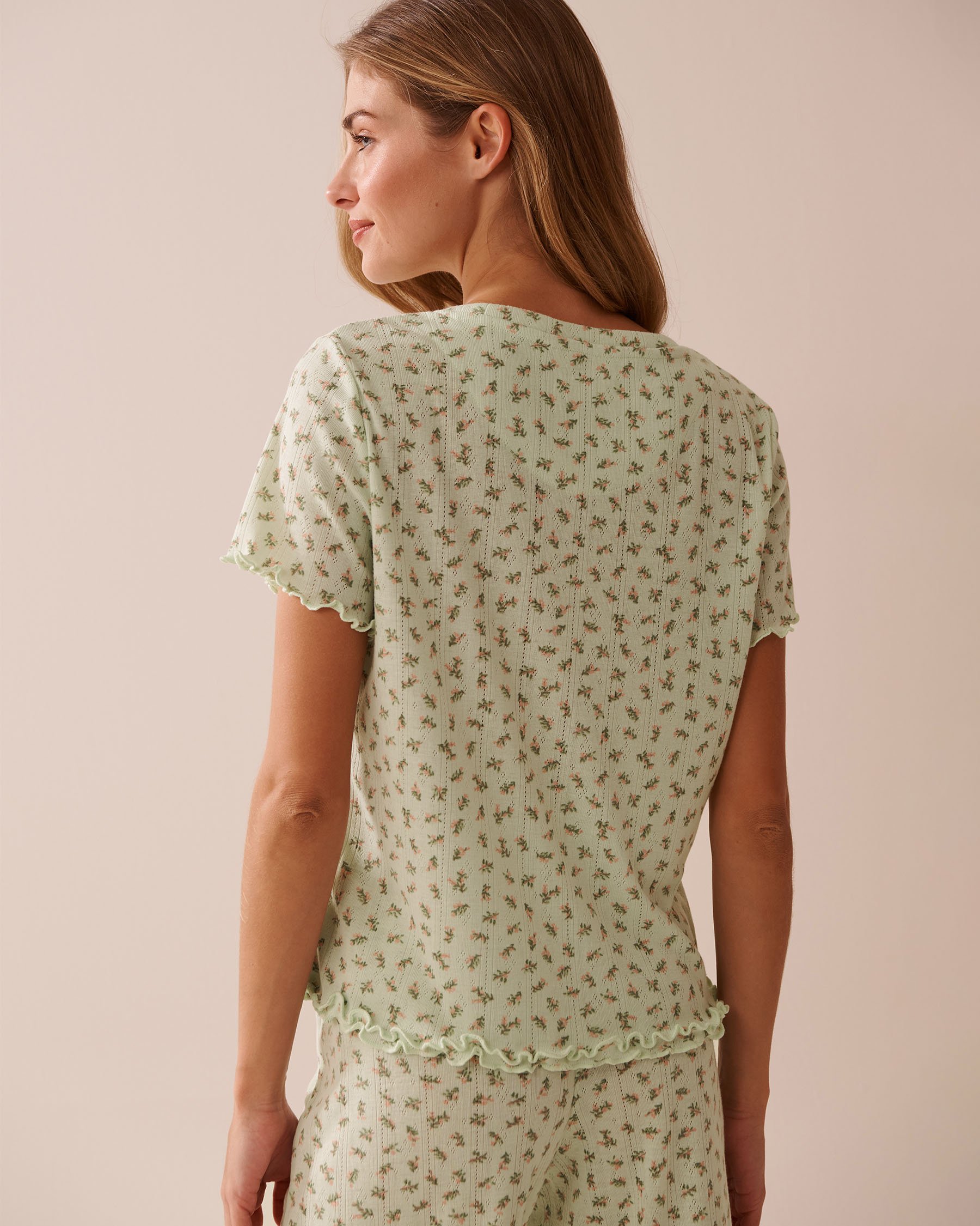 LA VIE EN ROSE T-shirt maille pointelle et bordure frisons à petites fleurs Petits bouquets 40100734 - View3