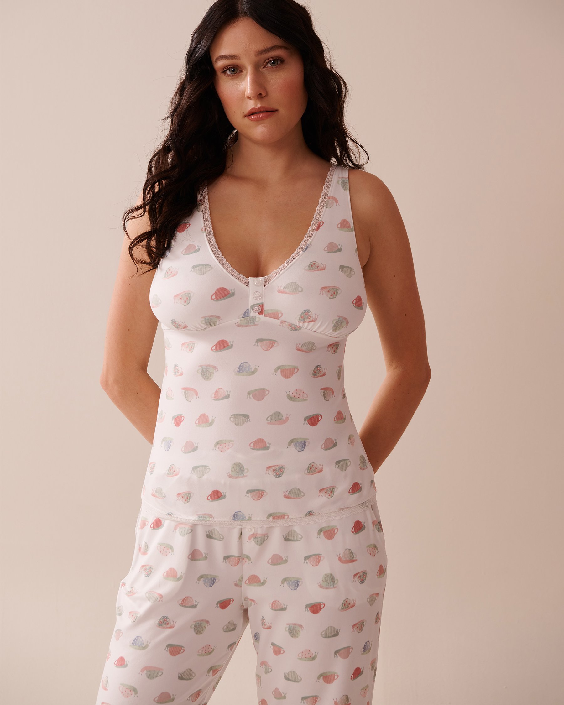 LA VIE EN ROSE Camisole ultra douce bordure de dentelle imprimé escargot Blanc/Escargot 40100744 - Voir1