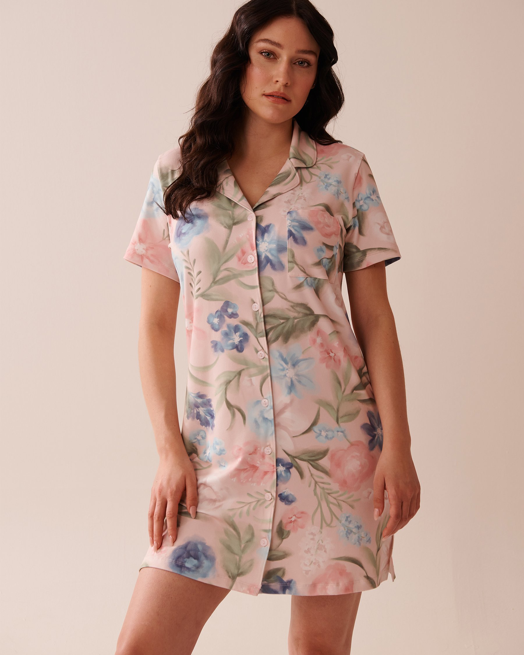 LA VIE EN ROSE Watercolor Flower Print Super Soft Button-down Sleepshirt Watercolor Flowers 40500434 - View1