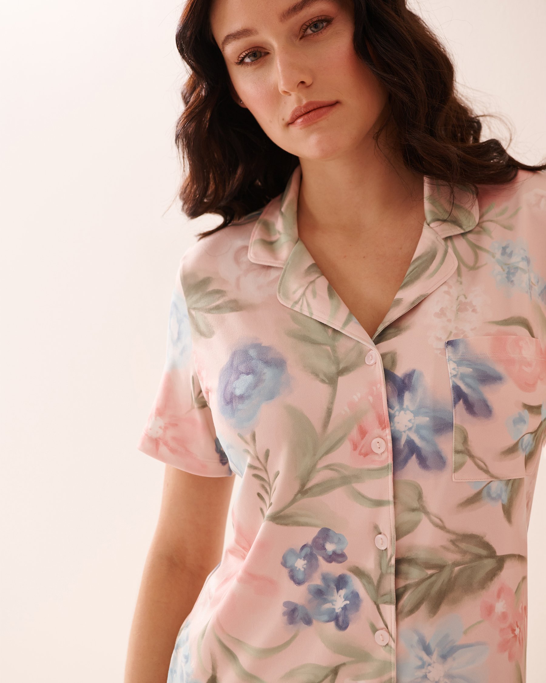 LA VIE EN ROSE Watercolor Flower Print Super Soft Button-down Sleepshirt Watercolor Flowers 40500434 - View3