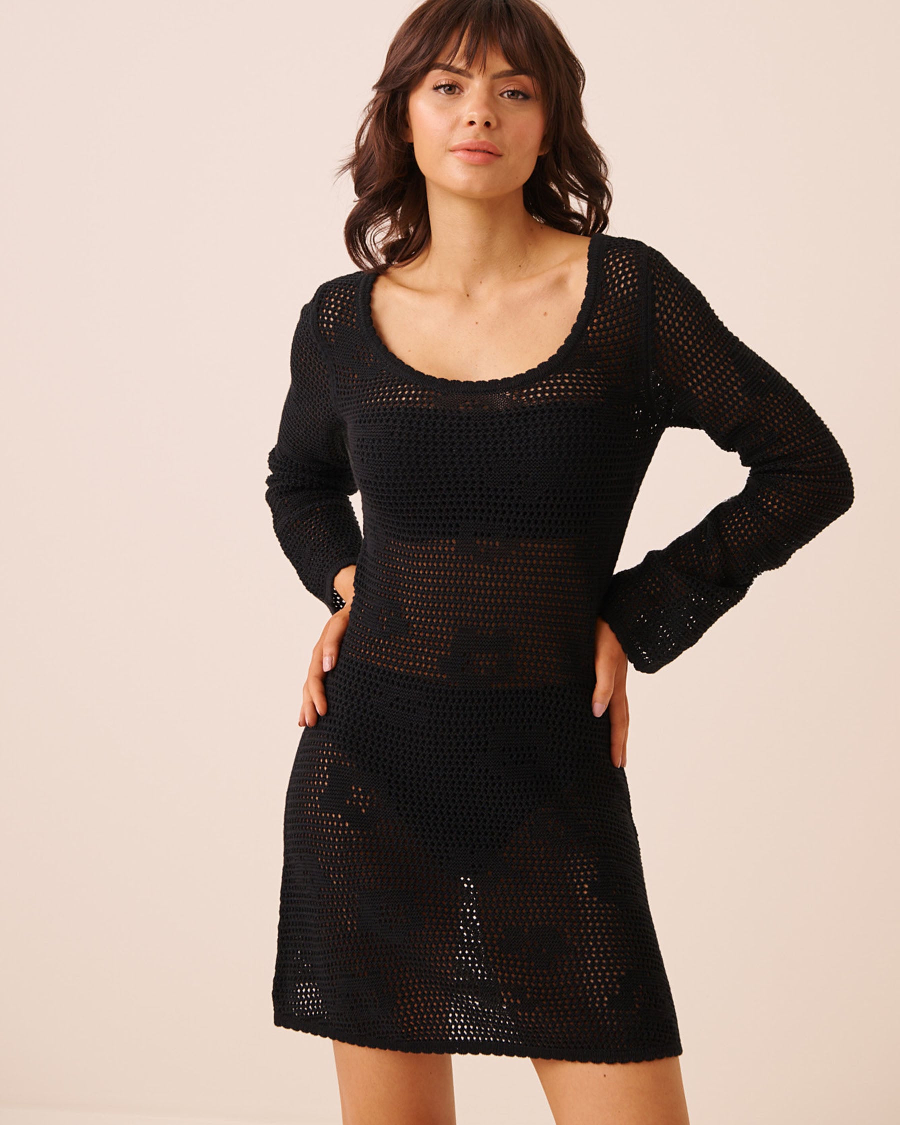 LA VIE EN ROSE AQUA Robe courte manches longues en crochet floral Noir 80300142 - View1