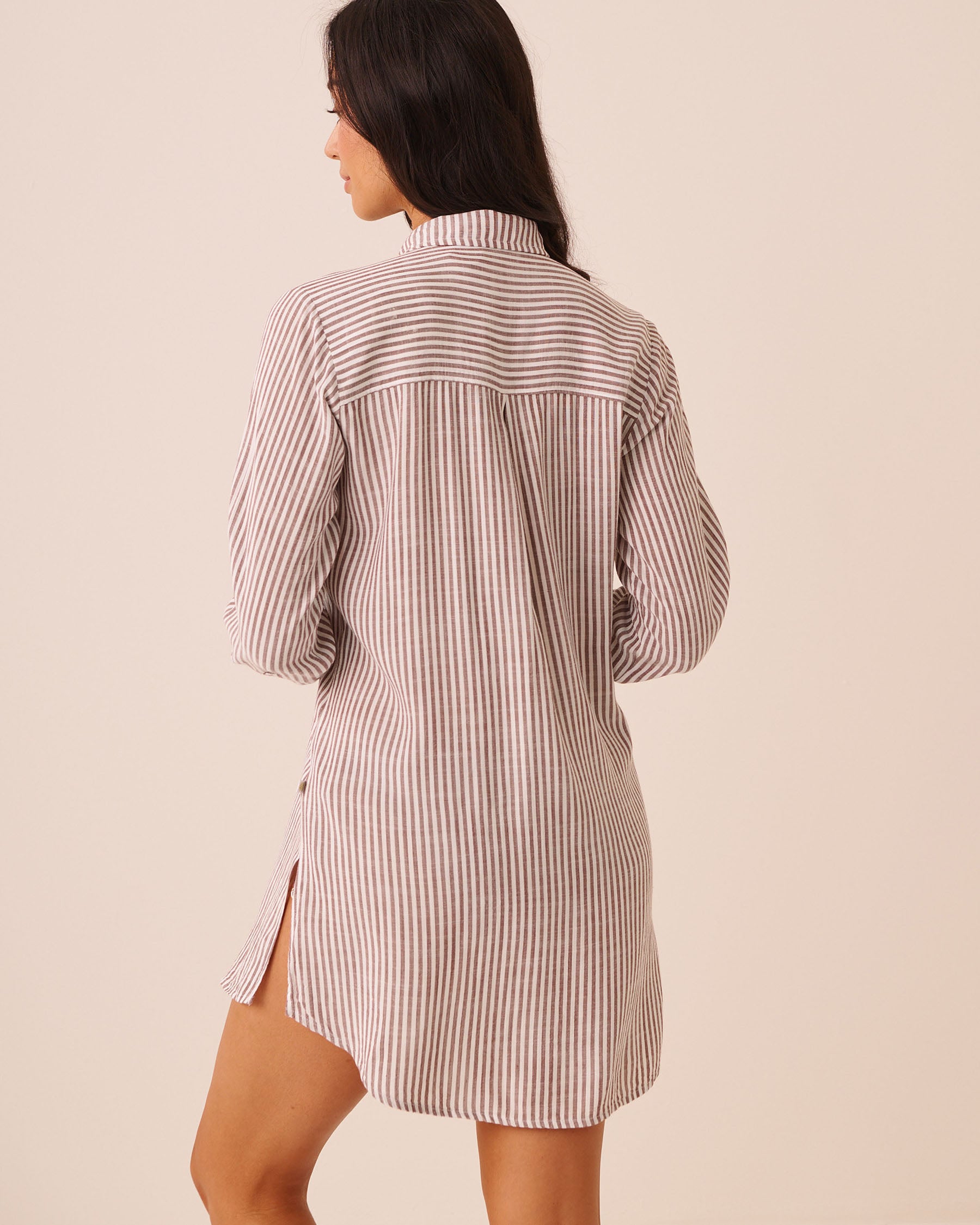LA VIE EN ROSE AQUA Long Striped Button-down Shirt Brown Stripes 80400081 - View2