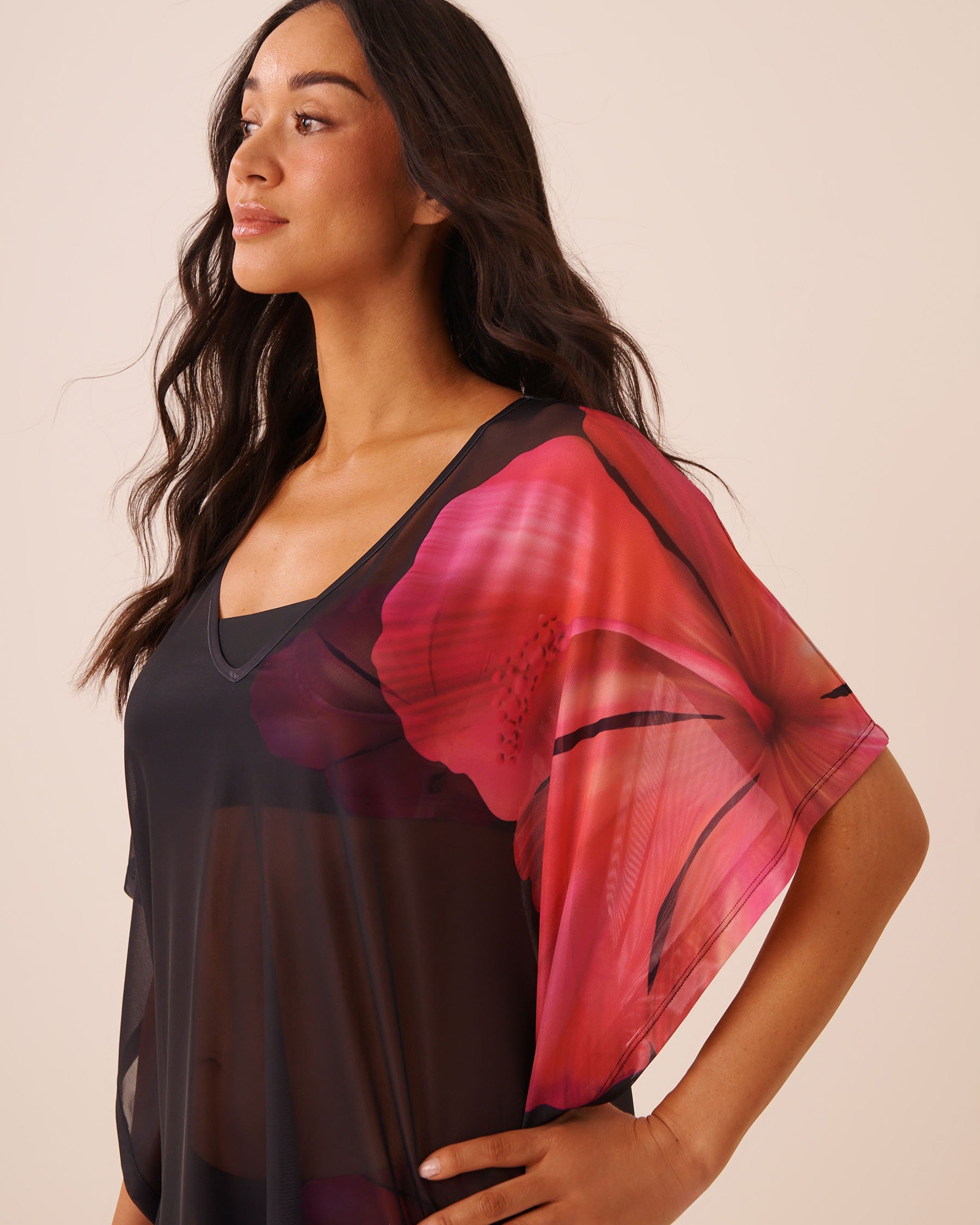 LA VIE EN ROSE AQUA Mesh Caftan Hibiscus 80400082 - View3