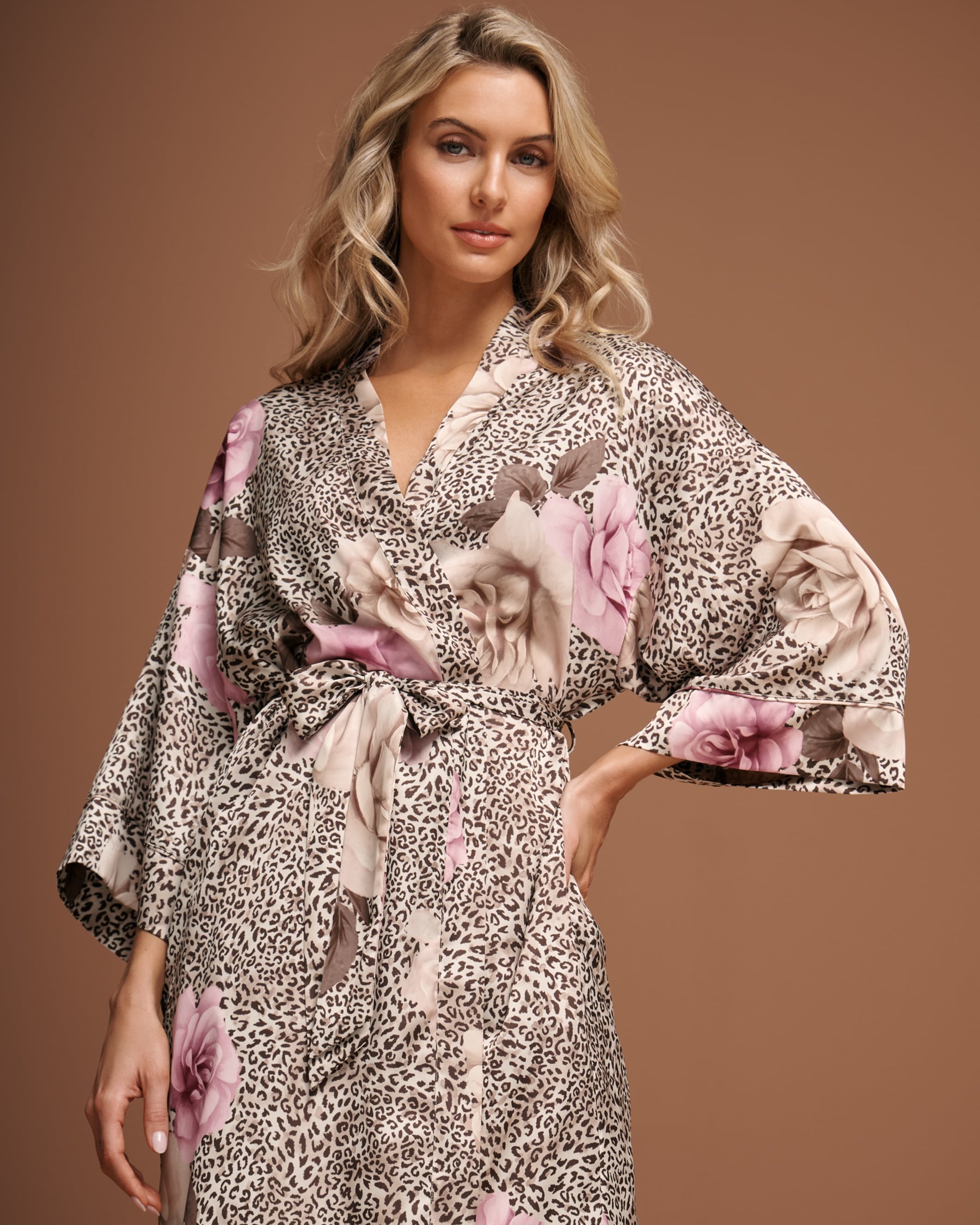 LA VIE EN ROSE Floral Leopard Print Satin Kimono Floral Leopard 60600124 - View1
