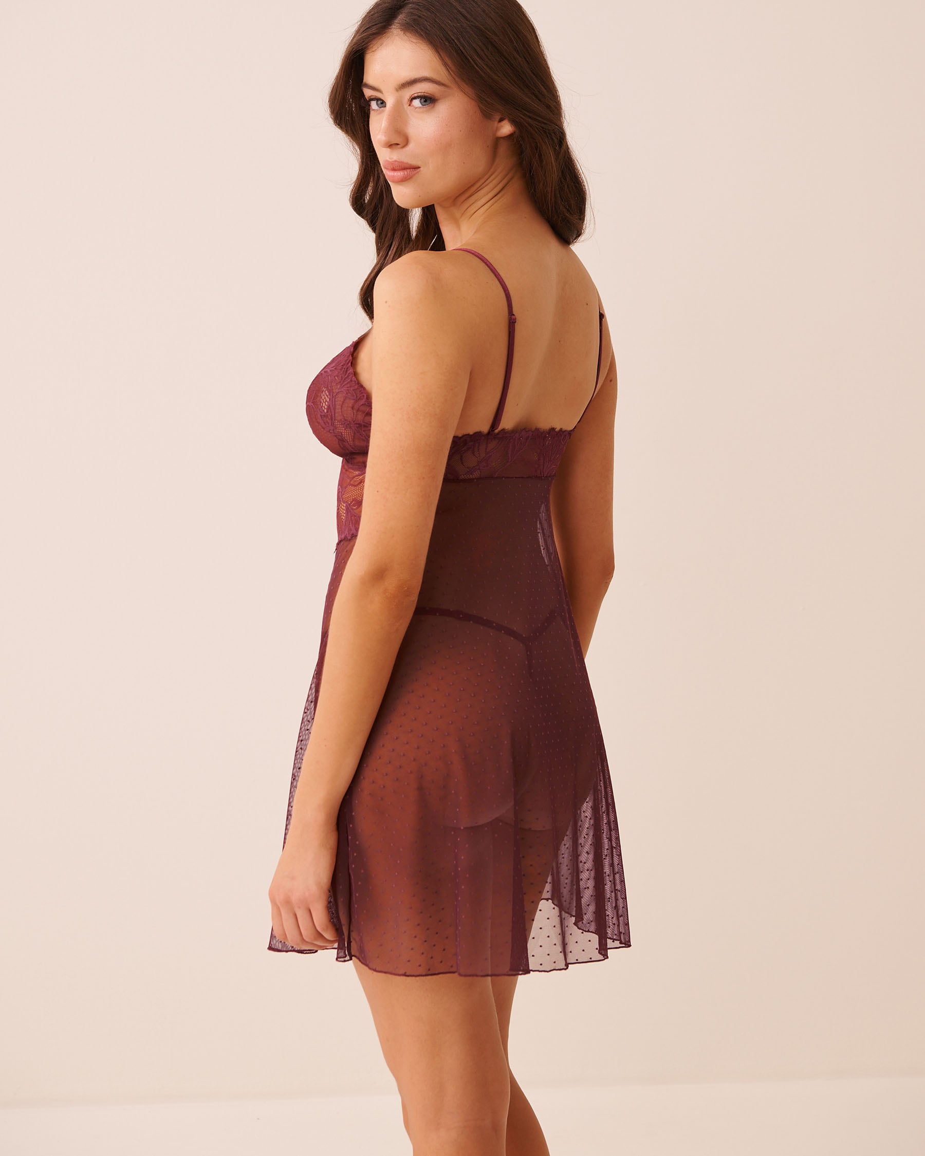 LA VIE EN ROSE Floral Lace and Swiss Dot Mesh Nightie Burgundy 60500252 - View2