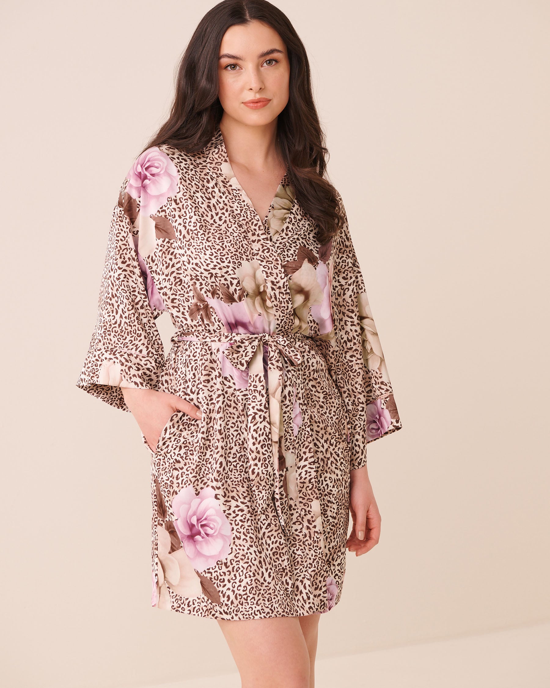 LA VIE EN ROSE Floral Leopard Print Satin Kimono Floral Leopard 60600124 - View1