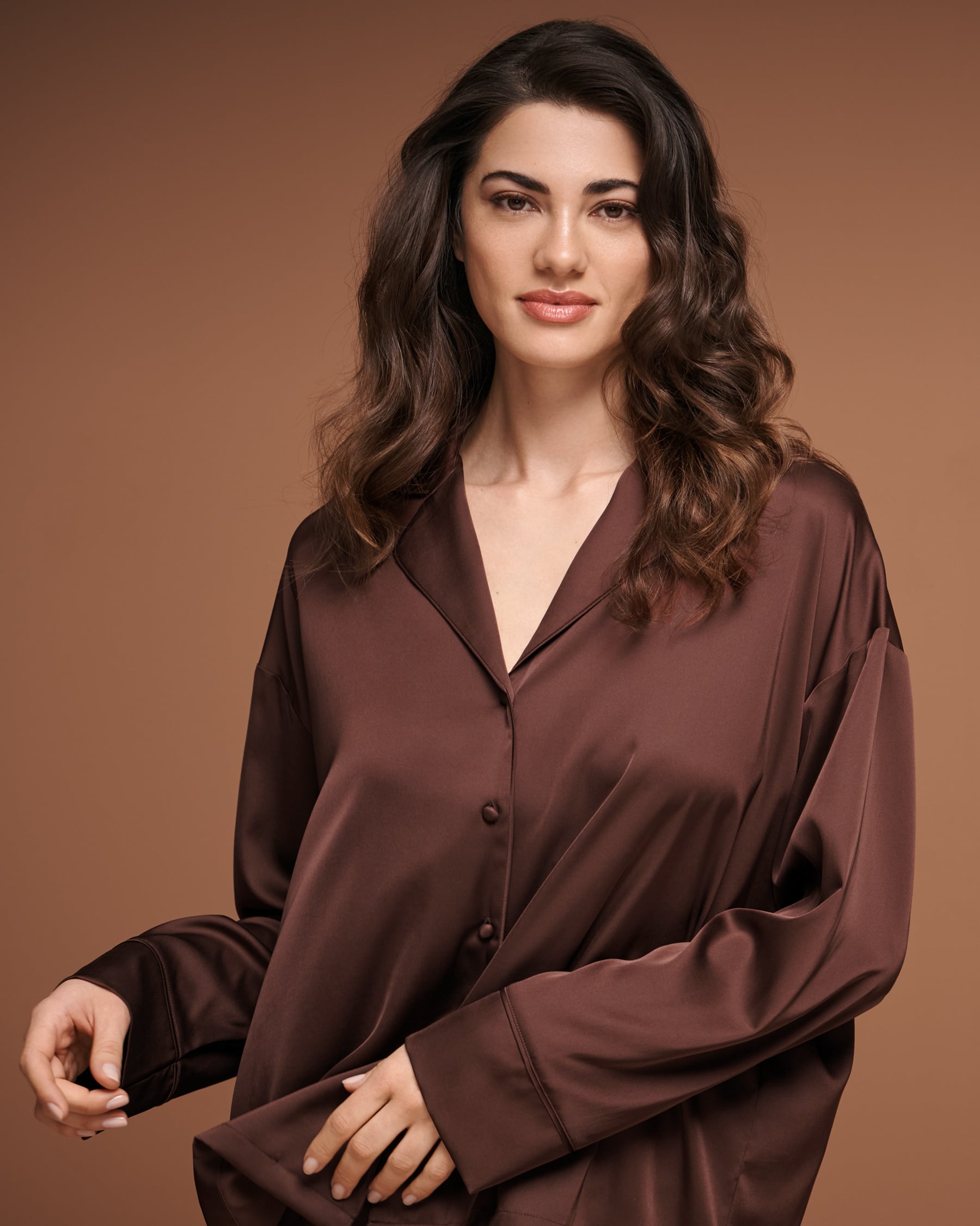 LA VIE EN ROSE Satin Long Sleeve Button-down Shirt Brown 60100203 - View2