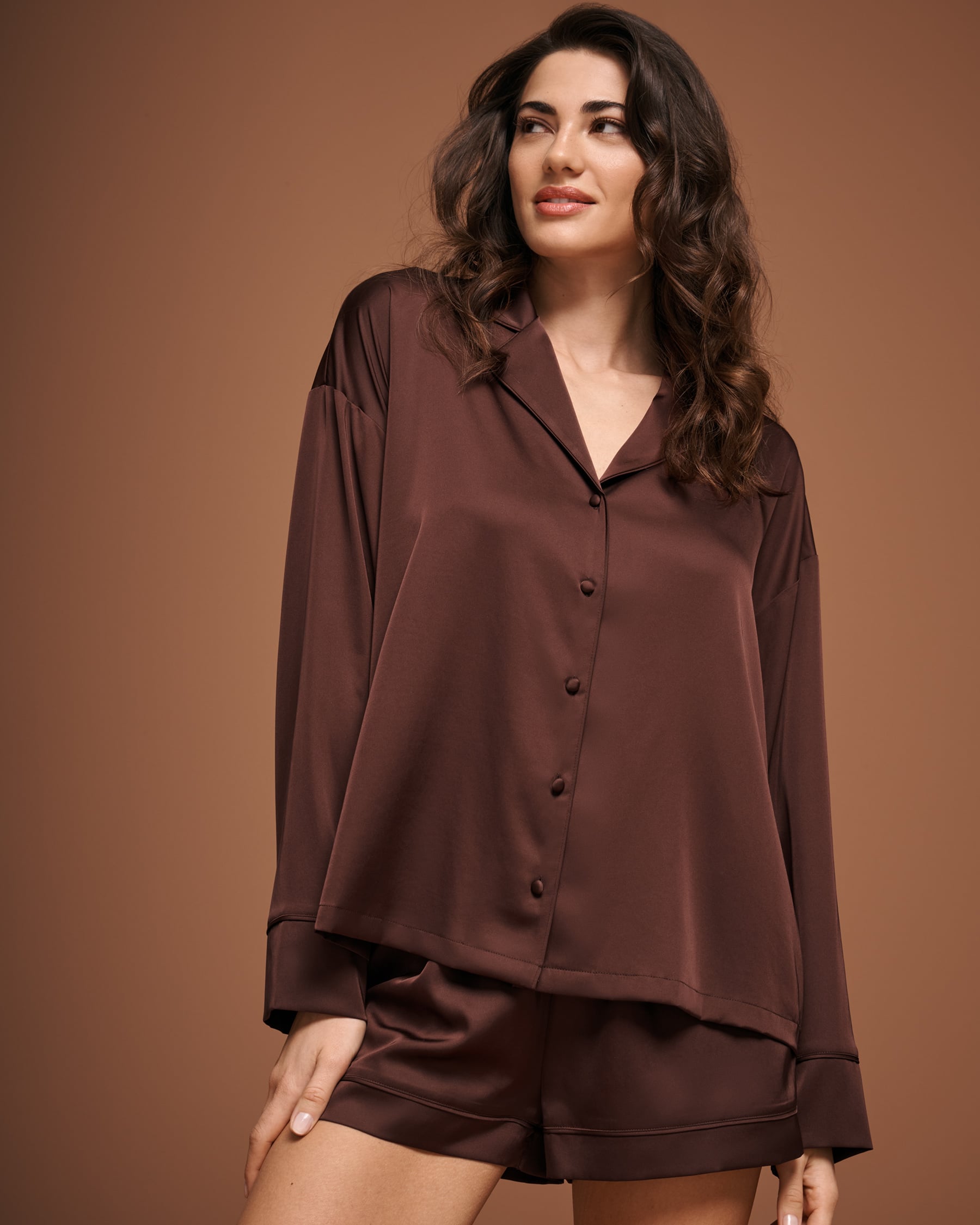 LA VIE EN ROSE Satin Long Sleeve Button-down Shirt Brown 60100203 - View1