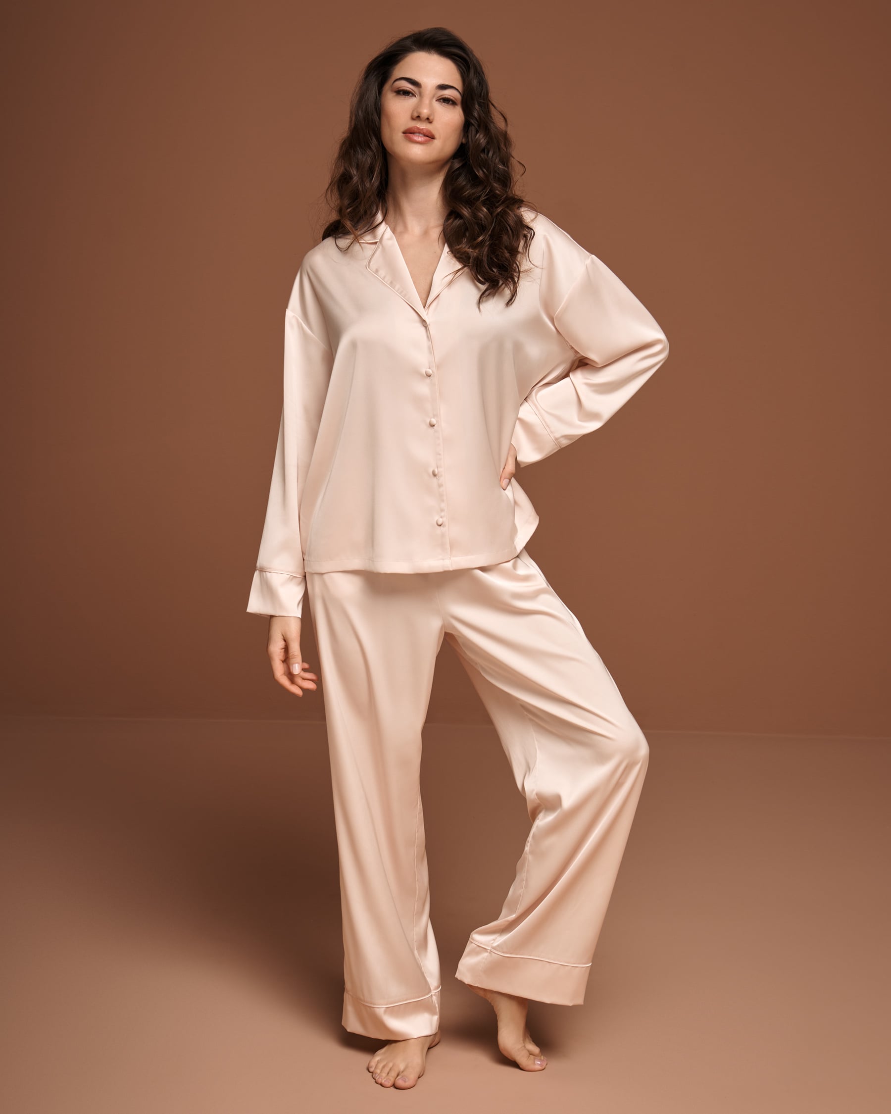 LA VIE EN ROSE Satin Long Sleeve Button-down Shirt Silver Peony 60100203 - View1