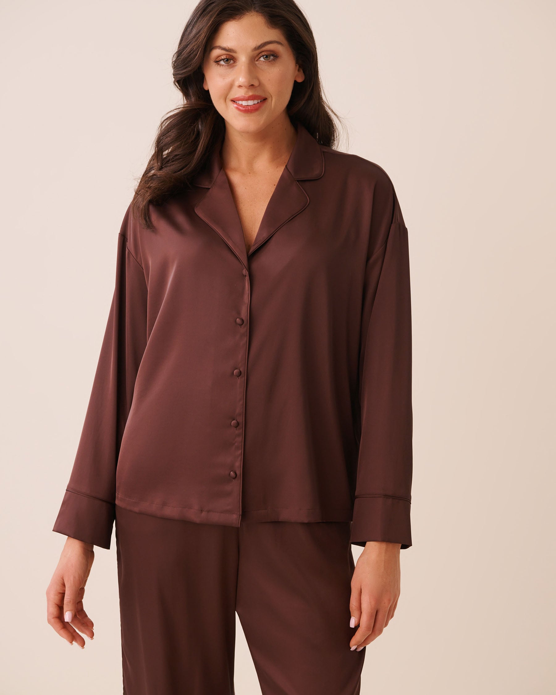 LA VIE EN ROSE Satin Long Sleeve Button-down Shirt Brown 60100203 - View1