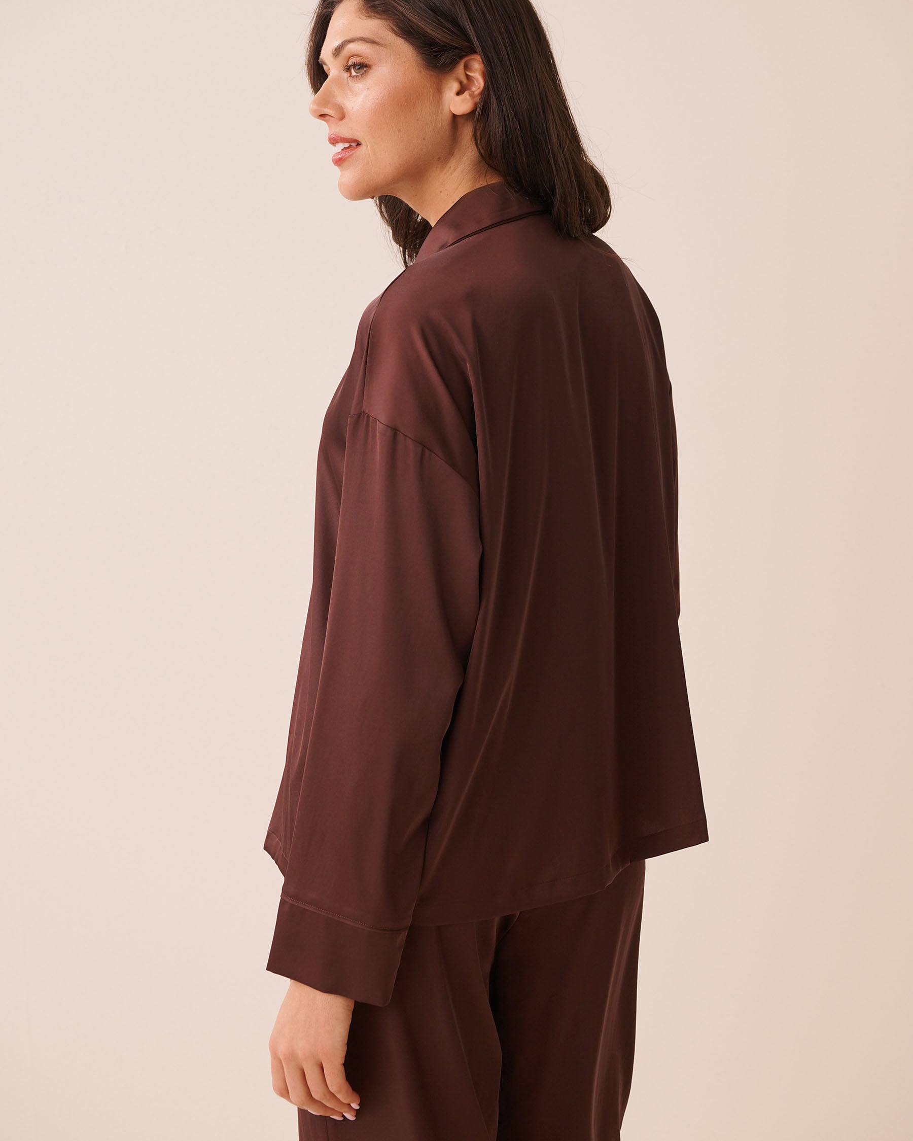 LA VIE EN ROSE Satin Long Sleeve Button-down Shirt Brown 60100203 - View2