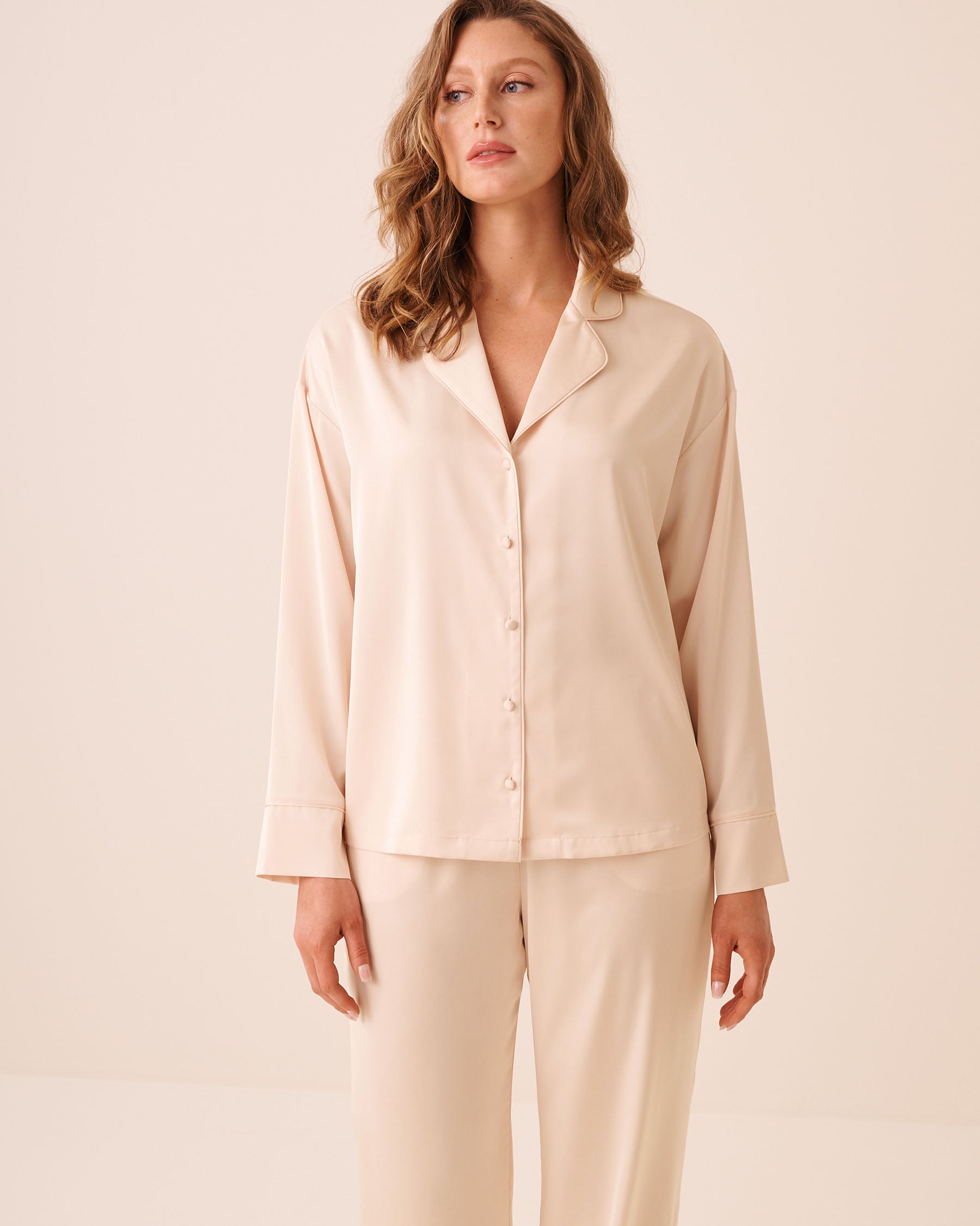 LA VIE EN ROSE Satin Long Sleeve Button-down Shirt Silver Peony 60100203 - View1