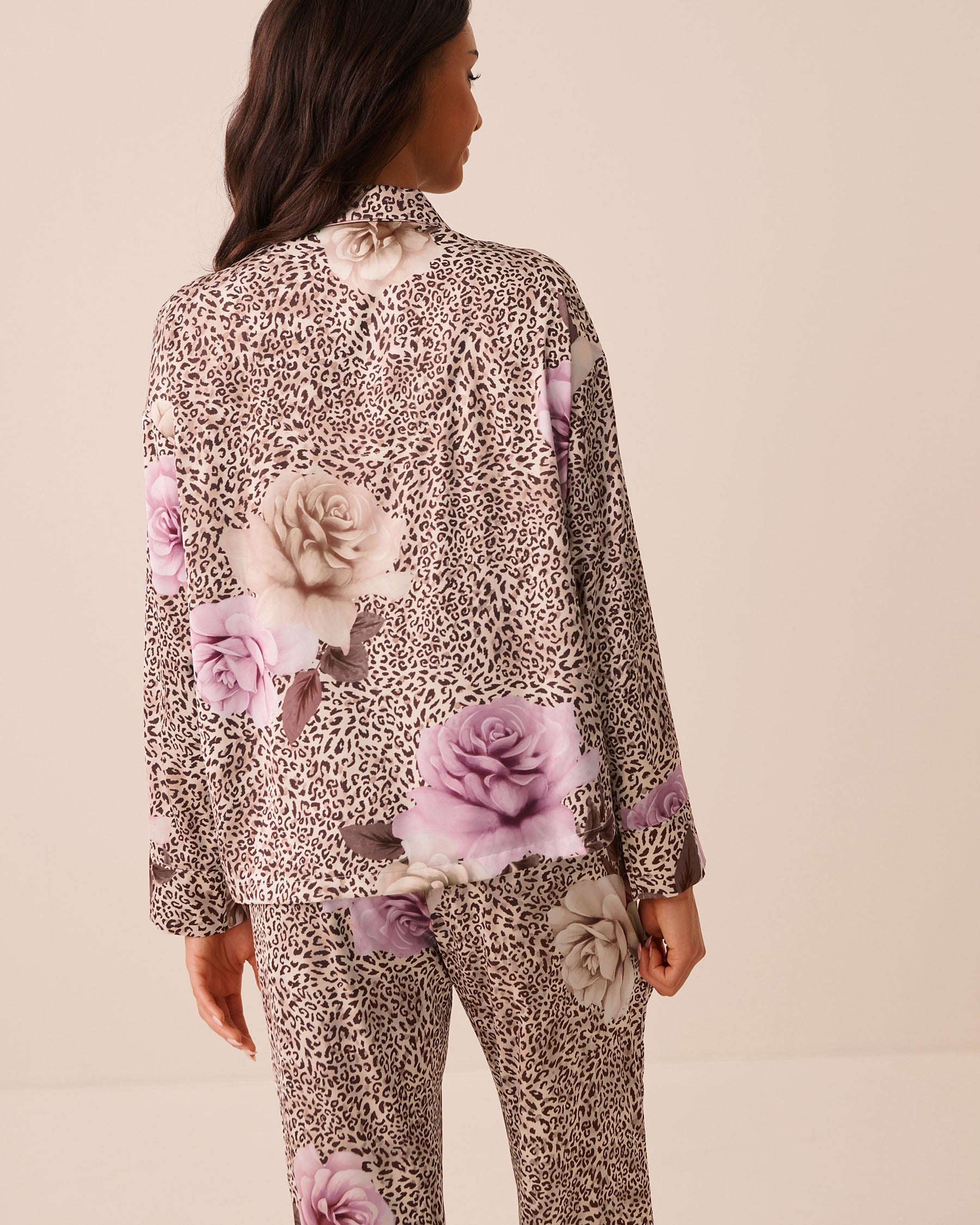 LA VIE EN ROSE Floral Leopard Print Satin Long Sleeve Button-down Shirt Floral Leopard 60100203 - View2