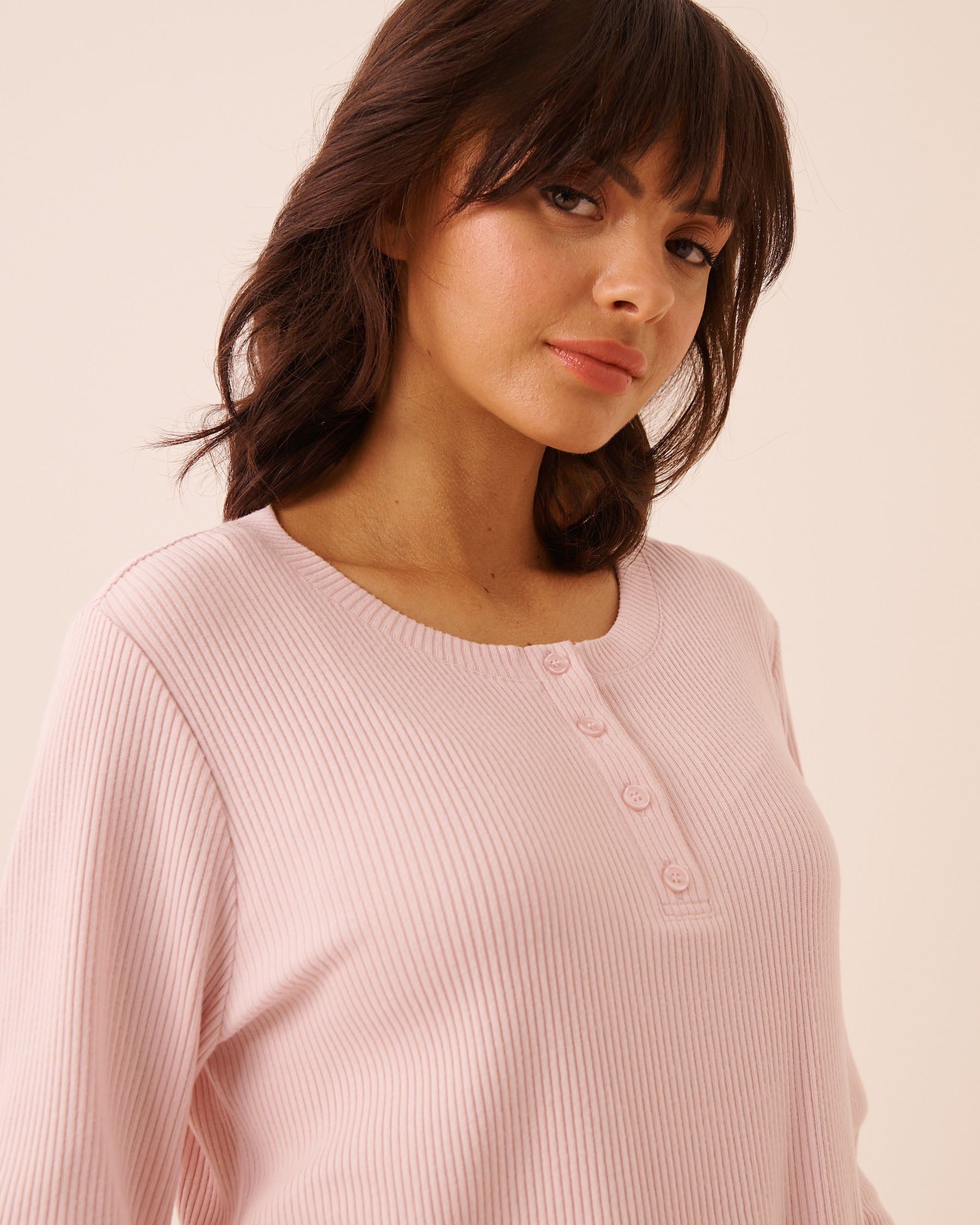 LA VIE EN ROSE Chandail henley manches longues en maille côtelée Rose 50100137 - View3
