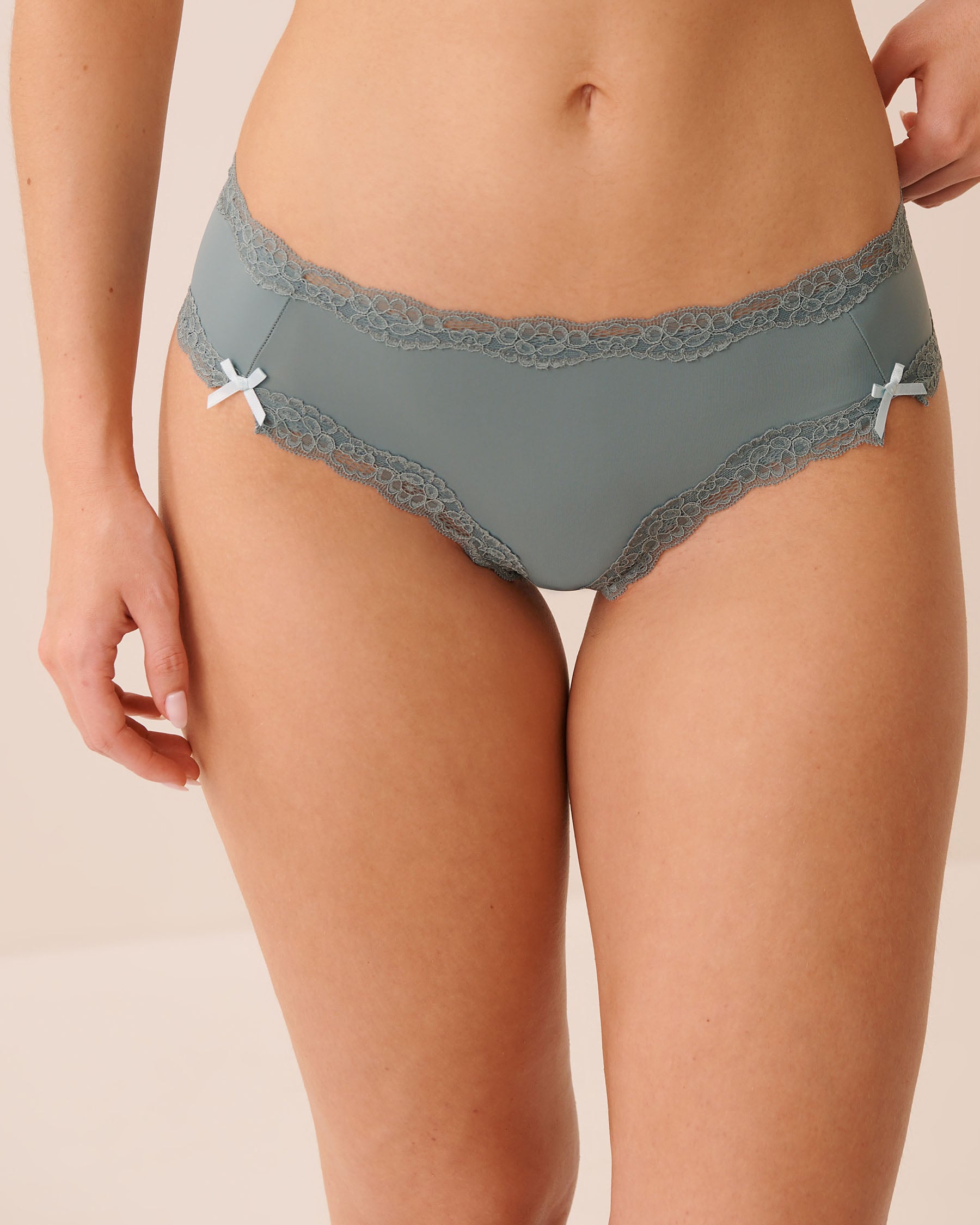 LA VIE EN ROSE Lace-Trim & Bow Microfiber Cheeky Panty Grey Blue 20200827 - View1