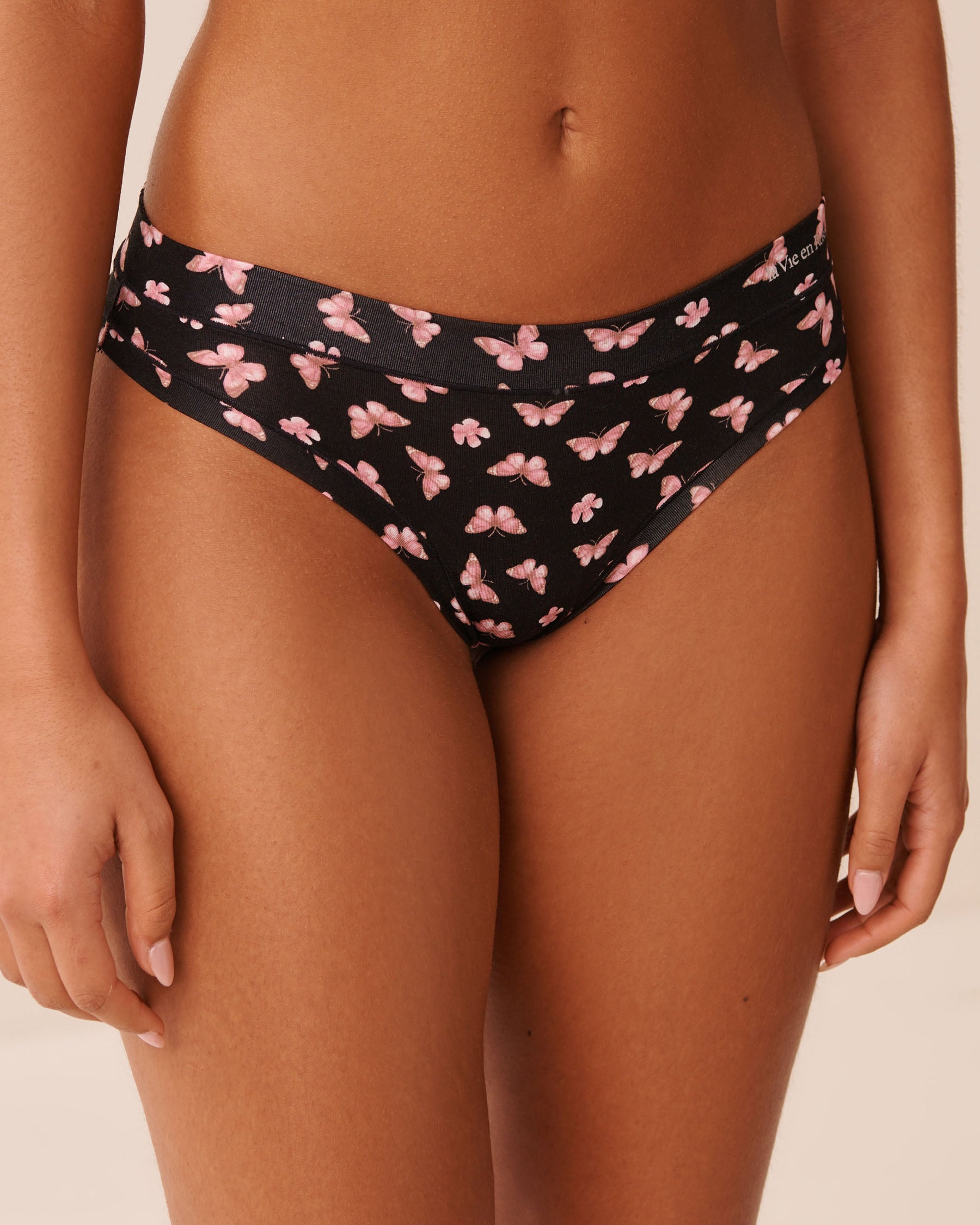 LA VIE EN ROSE Culotte tanga modal Noir/Papillons 20200830 - View1