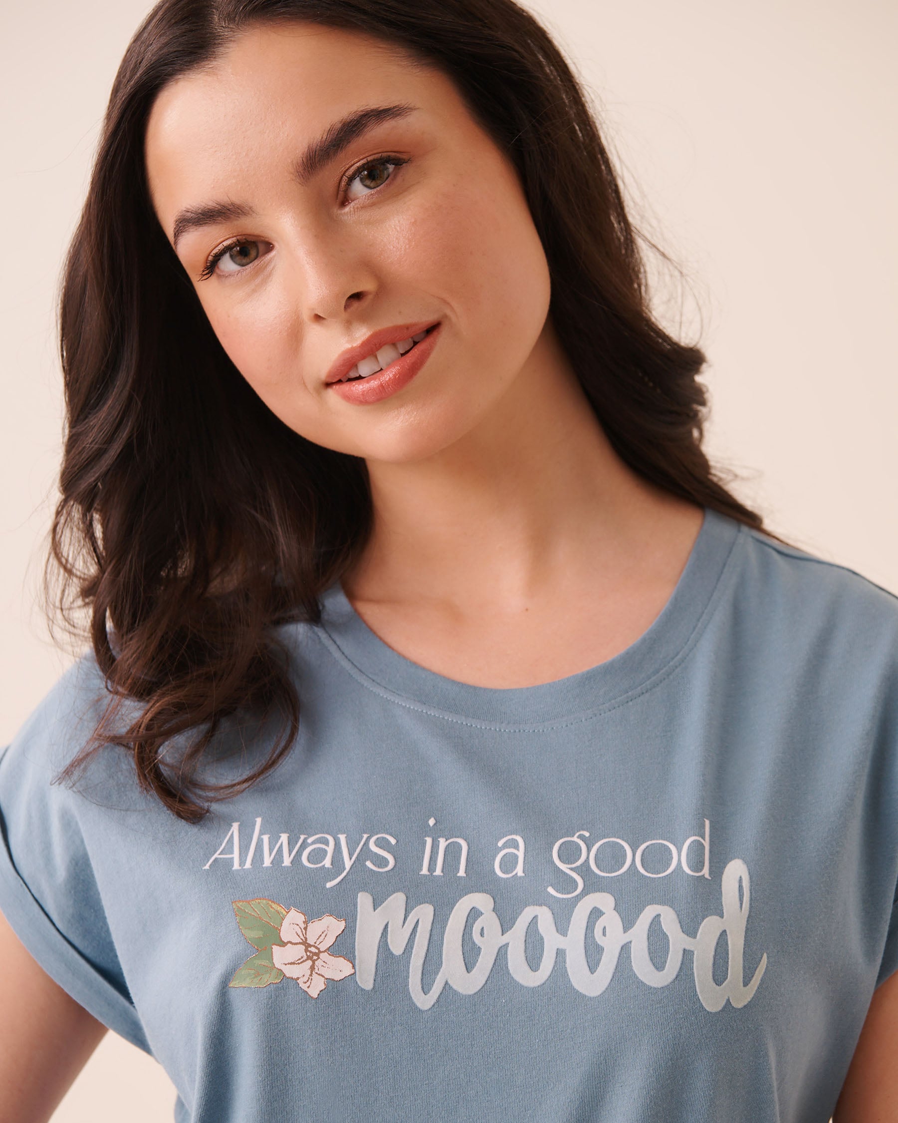 LA VIE EN ROSE Always in a good mooood Print Cotton Short Sleeve T-shirt Light Blue/Good Mood 40100890 - View3