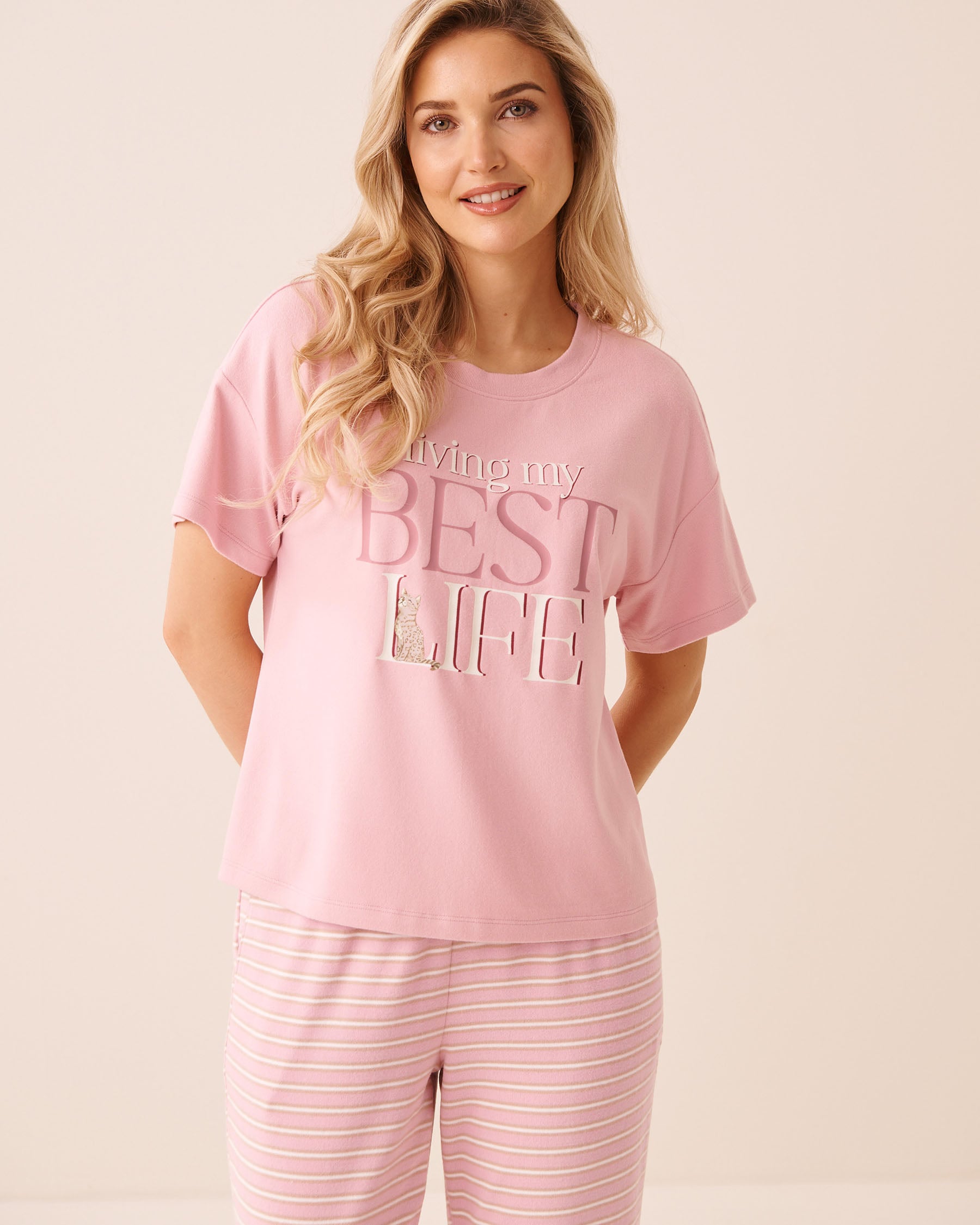 LA VIE EN ROSE Bengal Cat Print Soft Knit Short Sleeve T-shirt Pink 40100885 - View1