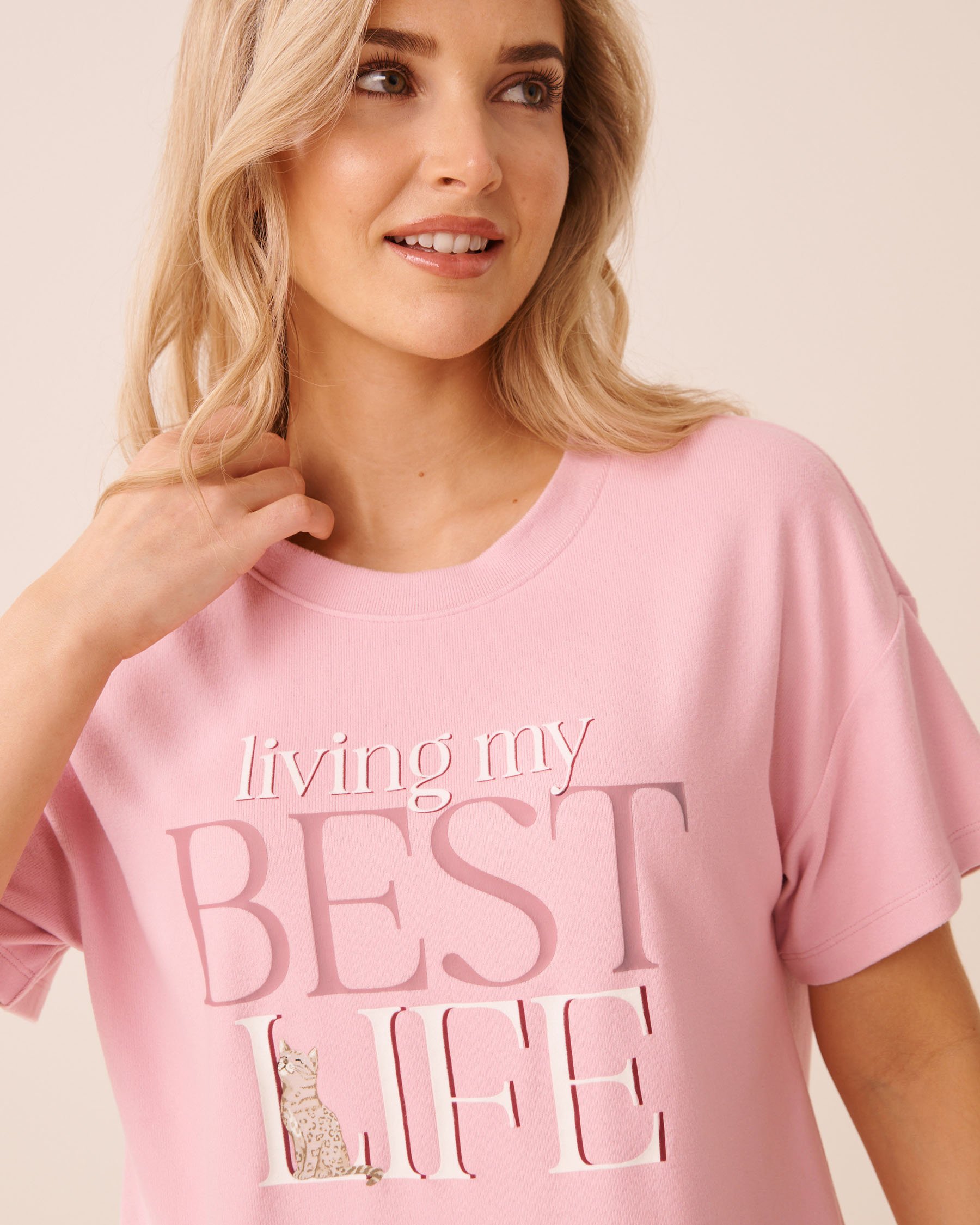 LA VIE EN ROSE Bengal Cat Print Soft Knit Short Sleeve T-shirt Pink 40100885 - View3
