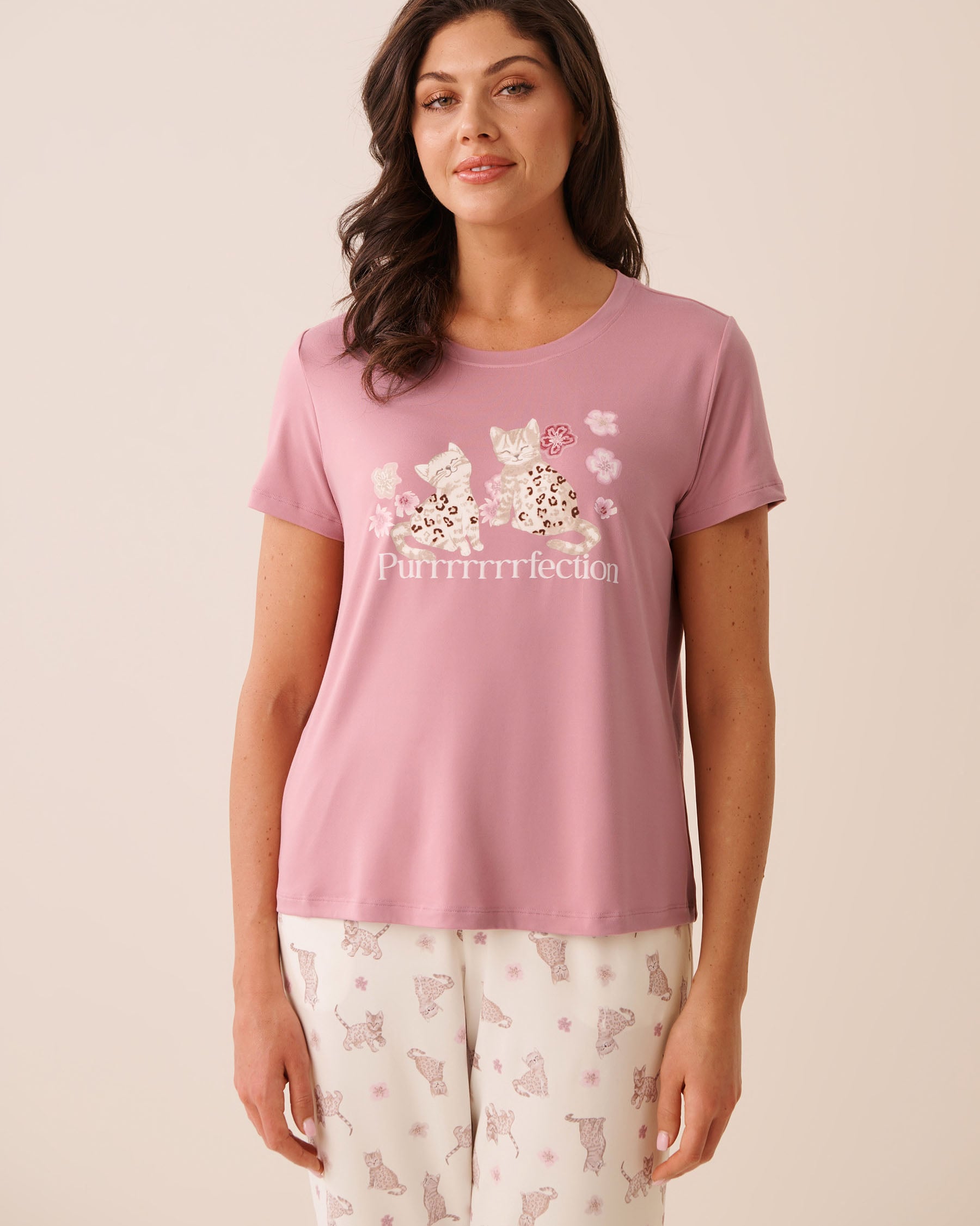 LA VIE EN ROSE Bengal Cat Print Super Soft Short Sleeve T-shirt Pink/Cat 40100878 - View1
