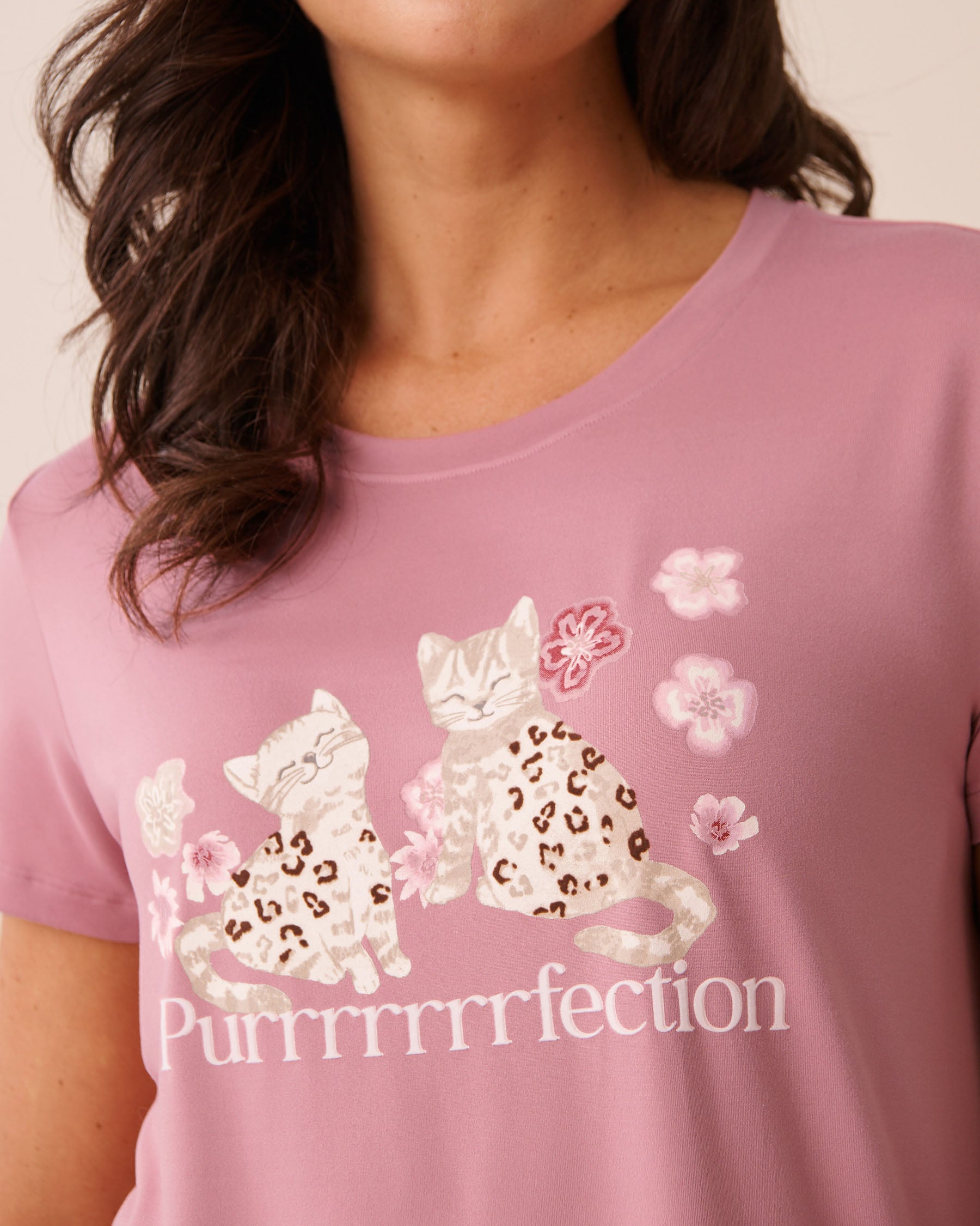 LA VIE EN ROSE Bengal Cat Print Super Soft Short Sleeve T-shirt Pink/Cat 40100878 - View3