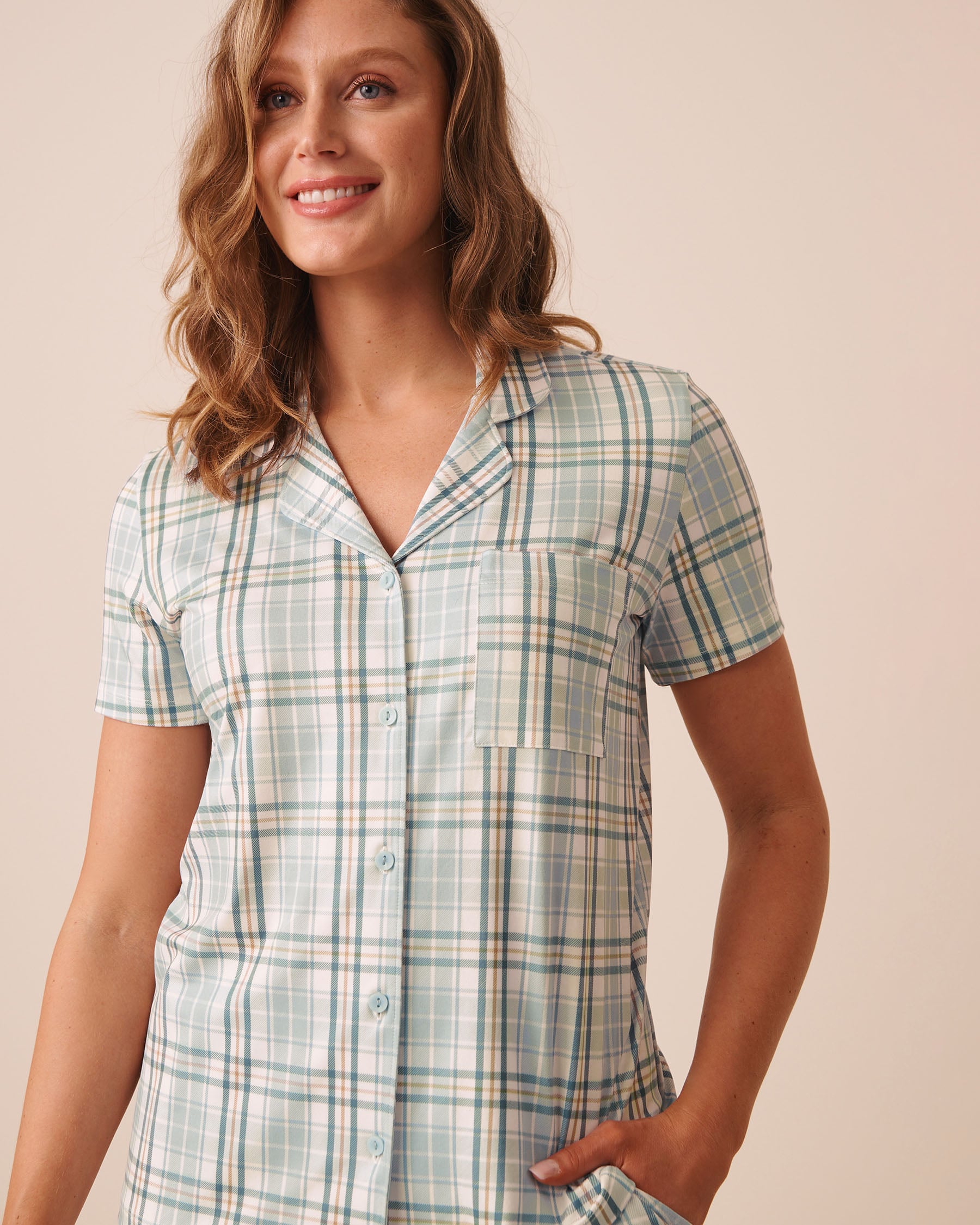 LA VIE EN ROSE Blue Plaid Super Soft Short Sleeve Button-down Shirt Blue Plaid 40100881 - View3