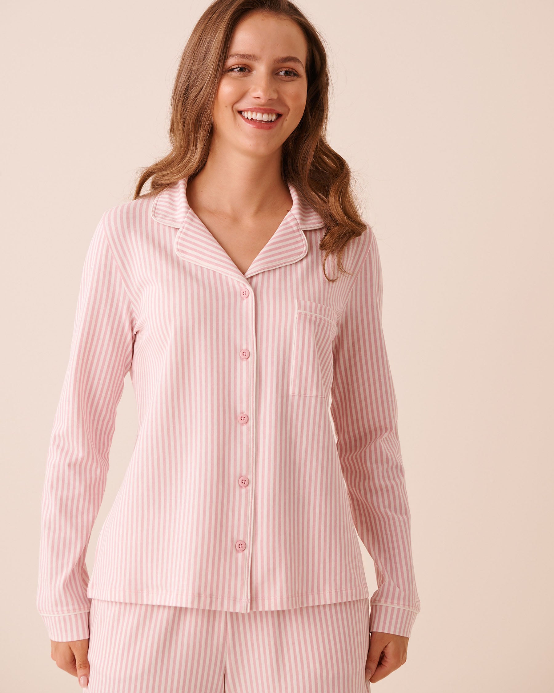 LA VIE EN ROSE Cotton Long Sleeve Button-down Shirt Light Pink Stripes 40100889 - View1