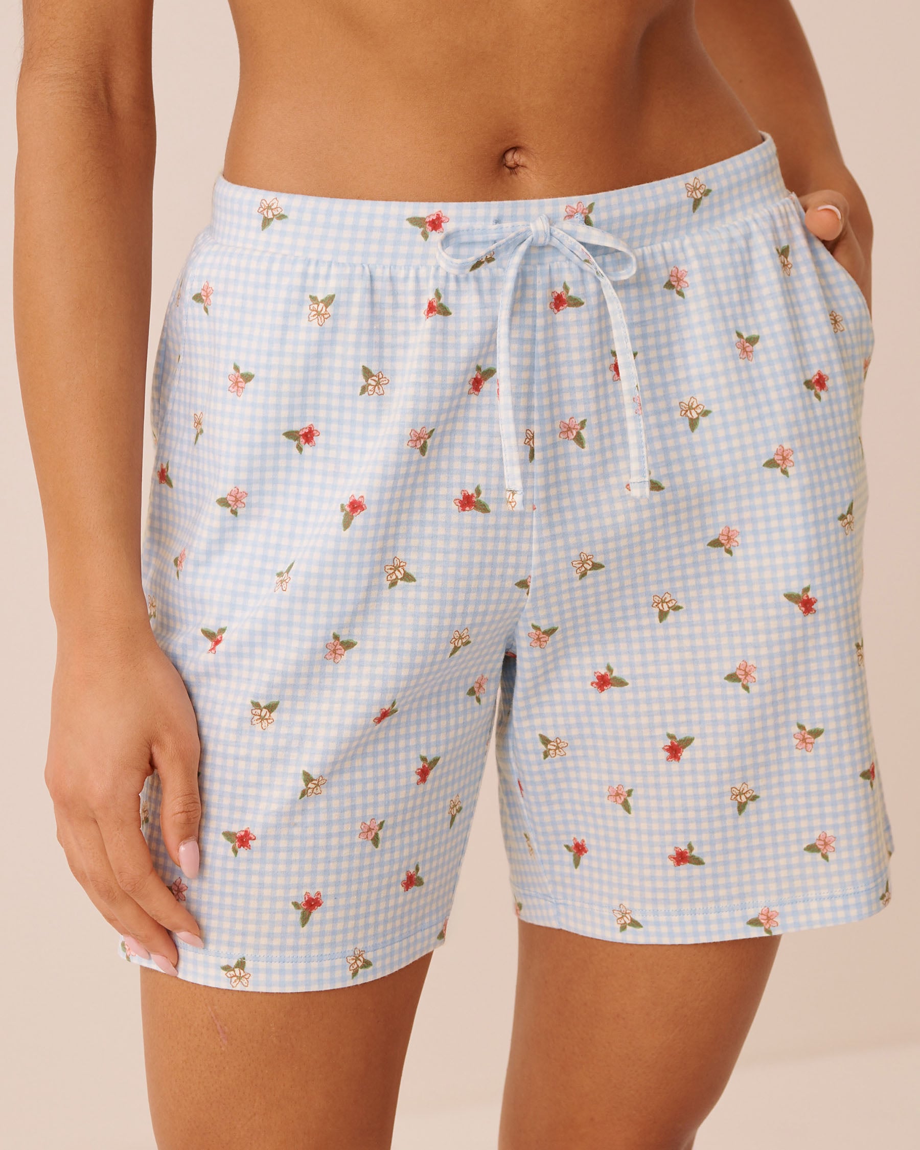 LA VIE EN ROSE Gingham Floral Print Cotton Pyjama Bermuda Shorts Blue Gingham/Flowers 40200876 - View1