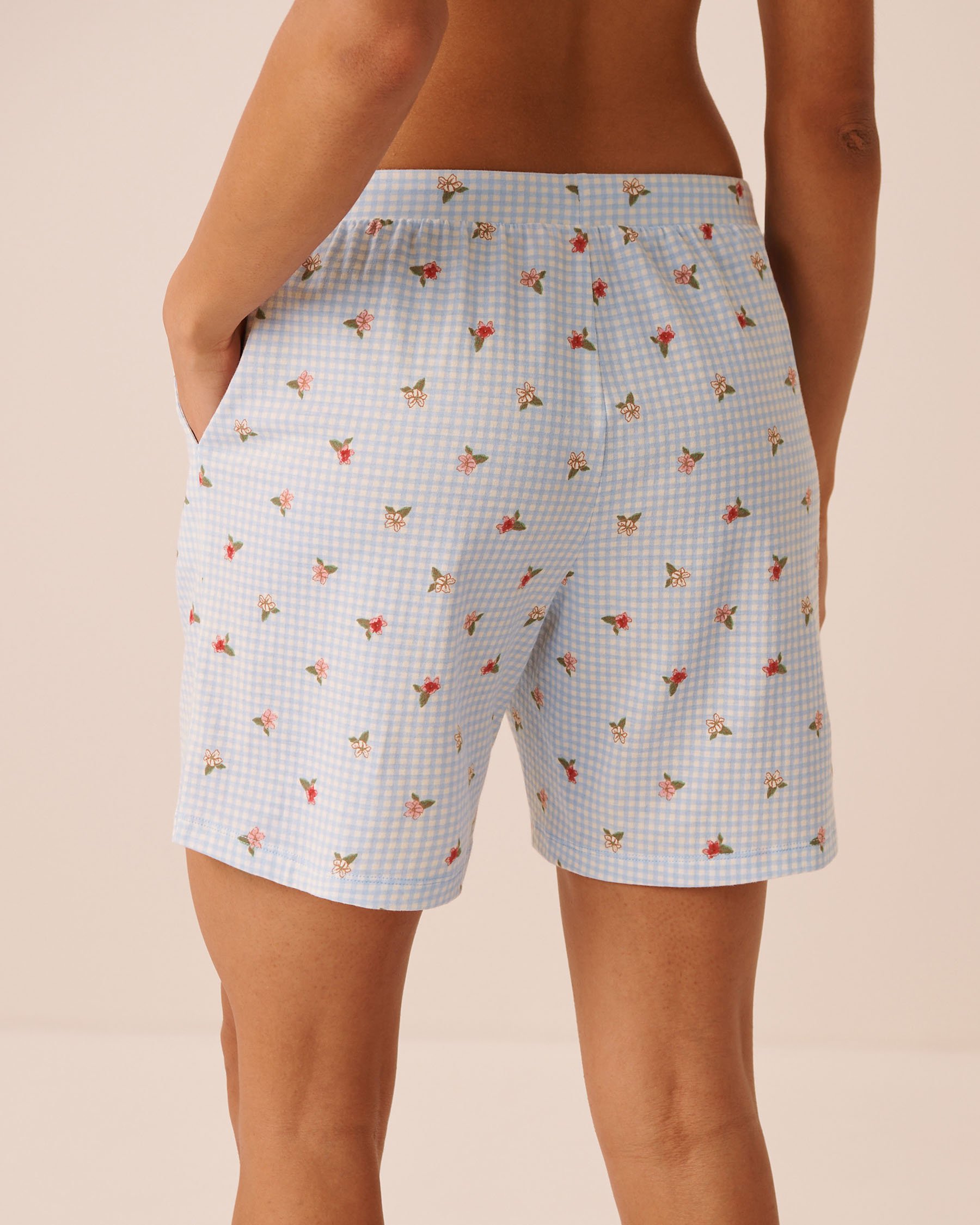 LA VIE EN ROSE Gingham Floral Print Cotton Pyjama Bermuda Shorts Blue Gingham/Flowers 40200876 - View2