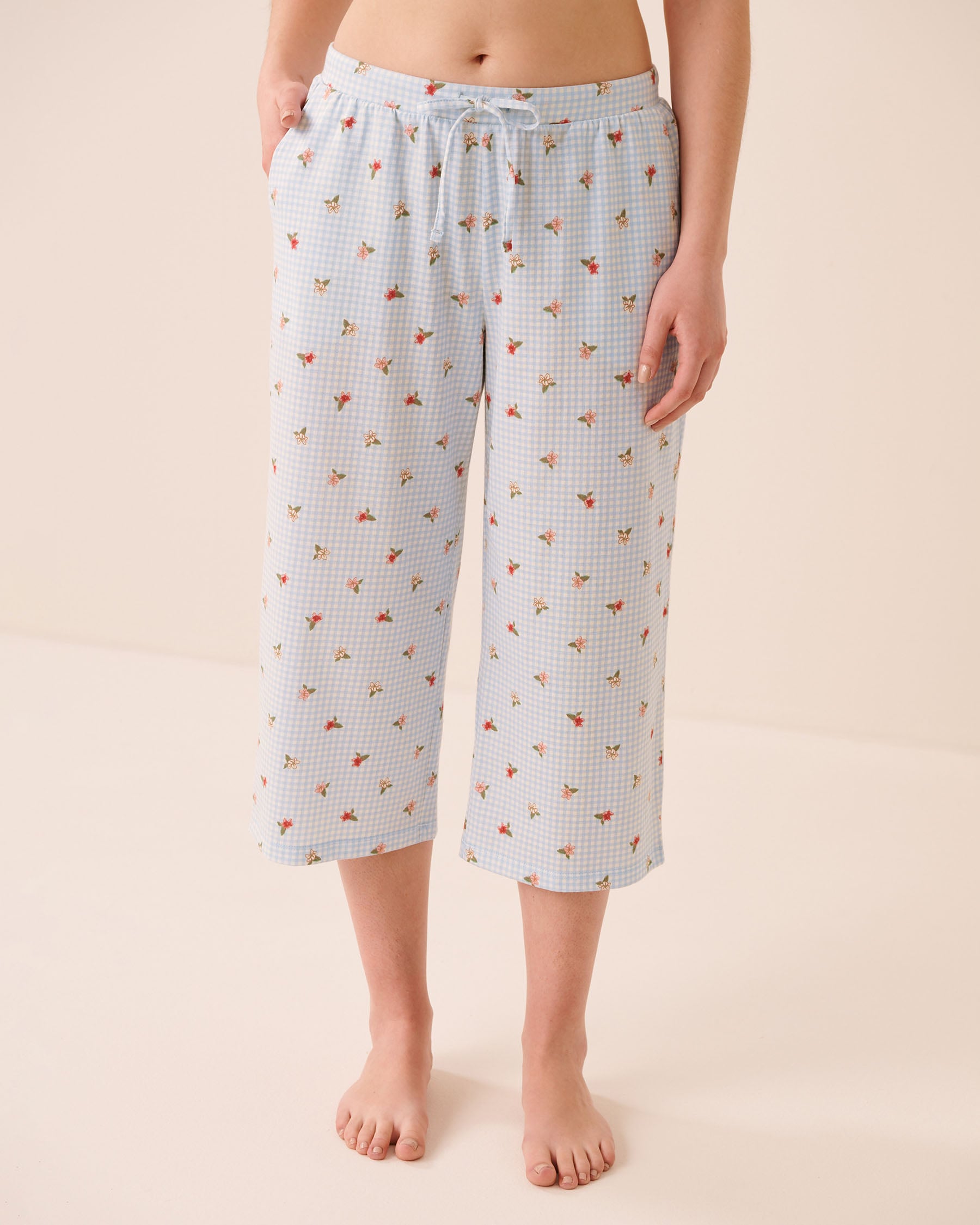 LA VIE EN ROSE Gingham Floral Print Cotton Pyjama Capris Blue Gingham/Flowers 40200877 - View1
