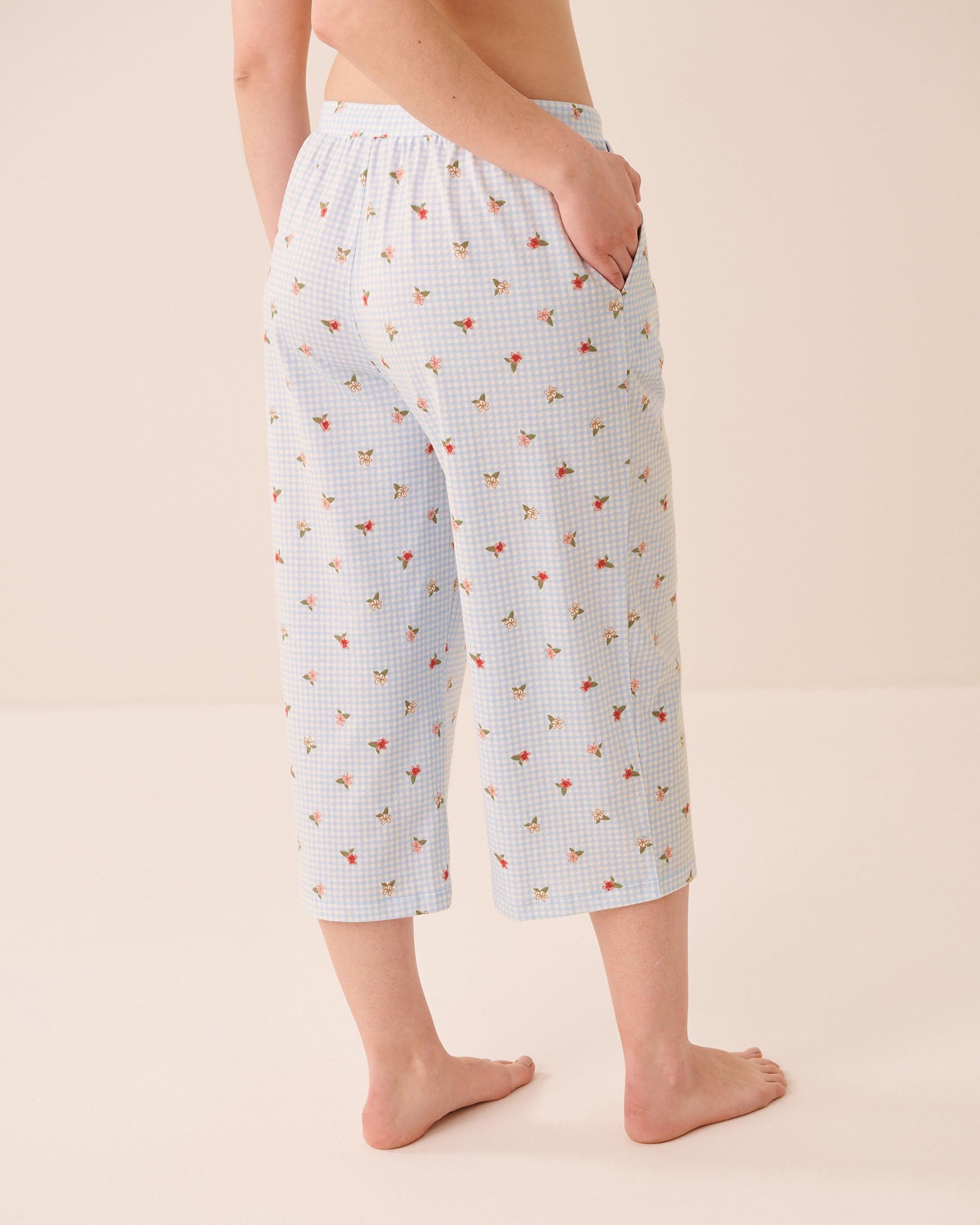 LA VIE EN ROSE Gingham Floral Print Cotton Pyjama Capris Blue Gingham/Flowers 40200877 - View2
