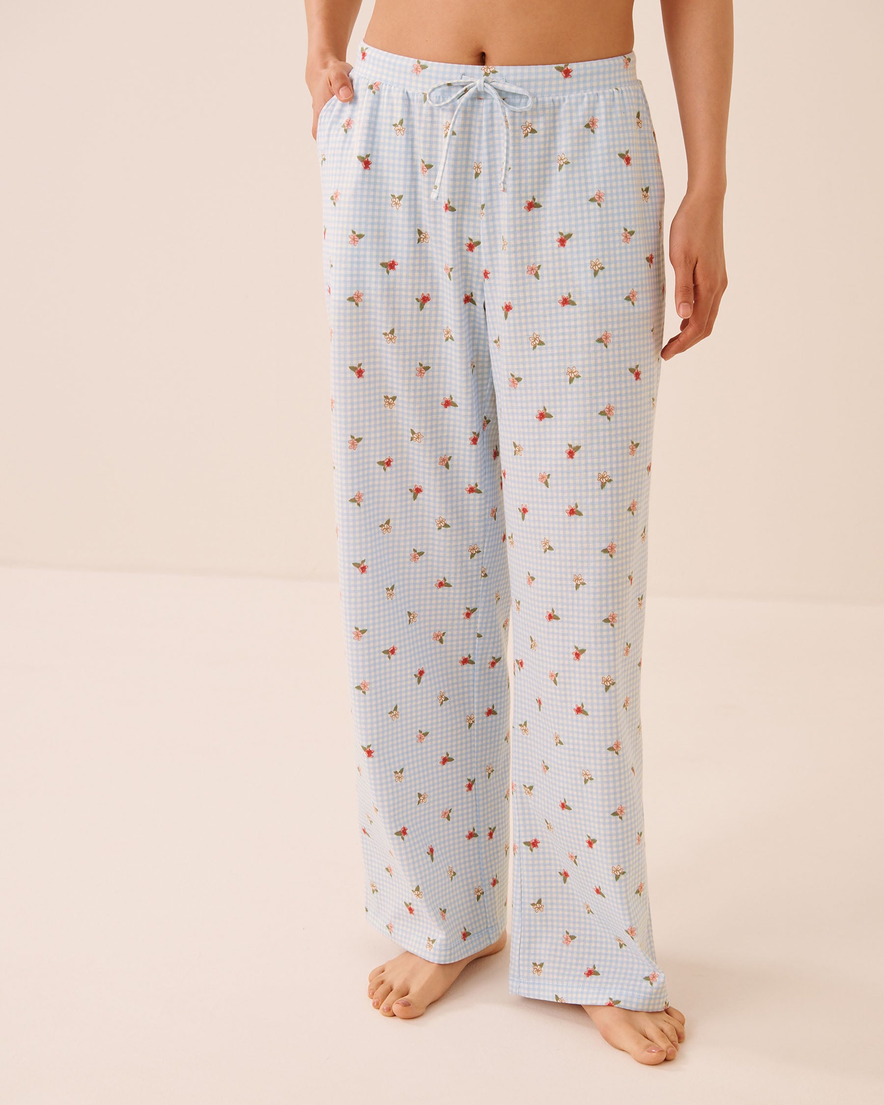 LA VIE EN ROSE Pantalon de pyjama en coton imprimé Vichy floral Vichy bleu/Fleurs 40200878 - View1