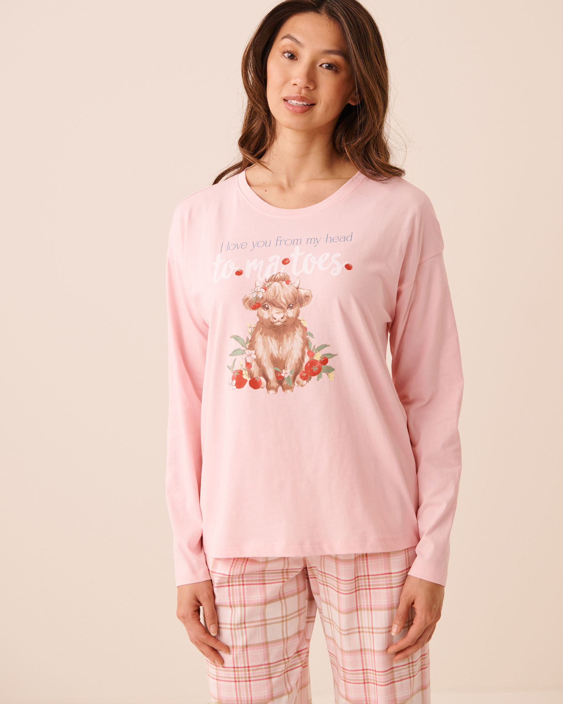LA VIE EN ROSE Chandail manches longues en coton imprimé vache écossaise Rose/I love you 40100891 - View1